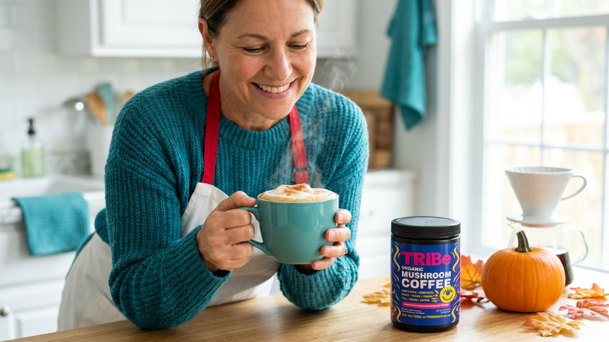 Woman enjoying pumpkin spice mushroom coffee made with TRIBe Organic Mushroom Coffee on a fall morning