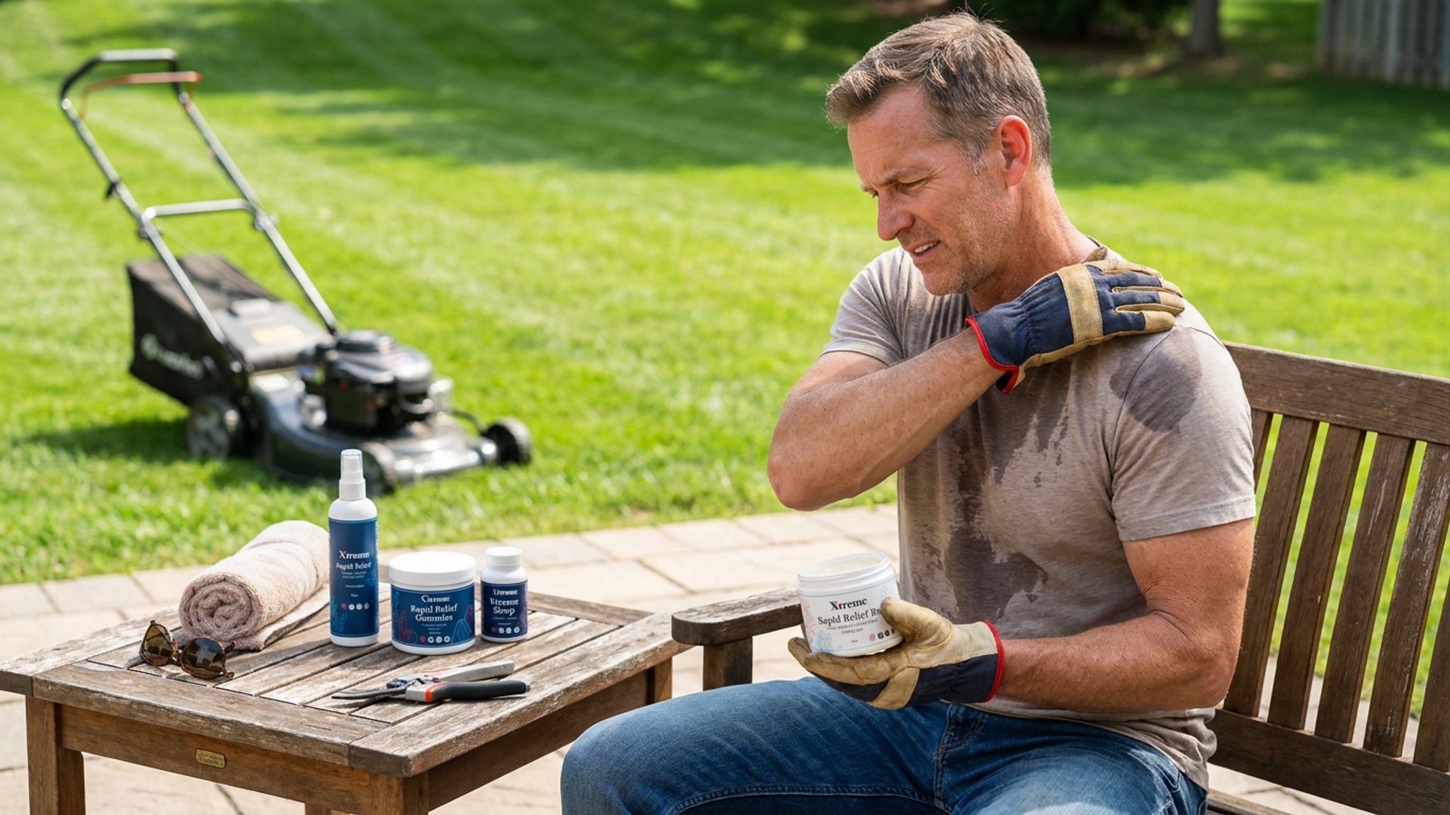 Active dad applying Xtreme Rapid Relief Balm Rx to shoulder with Rapid Relief Spray, Rapid Relief Gummies, and Xtreme Sleep on patio table