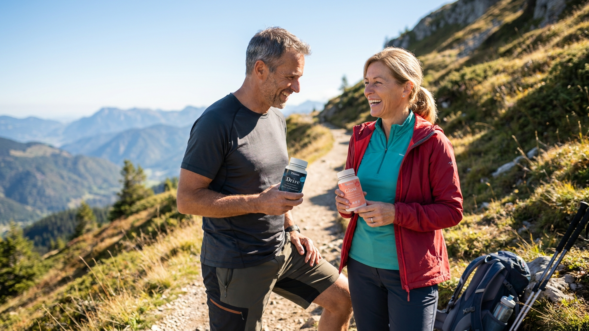 Active couple in their 50s on a hiking trail holding Xtreme DRIVE and GLOW hormone support supplement bottles