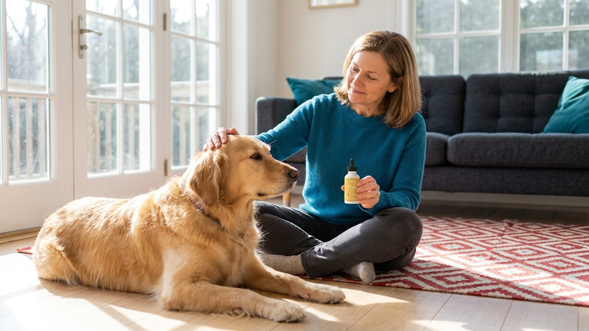 Woman petting golden retriever while holding Xtreme Pets CBD calming drops bottle in bright living room