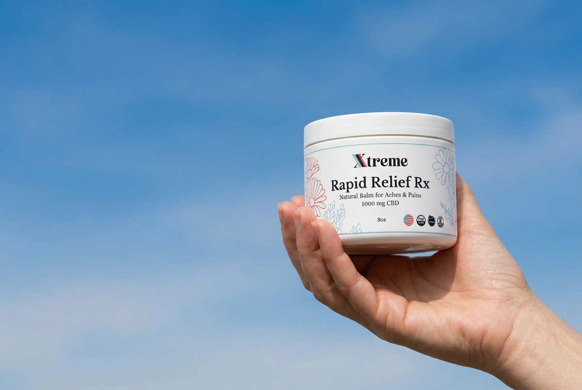 hand holding up a white jar of Xtreme Rapid Relief Rx natural balm for aches and pains against a clear blue sky.