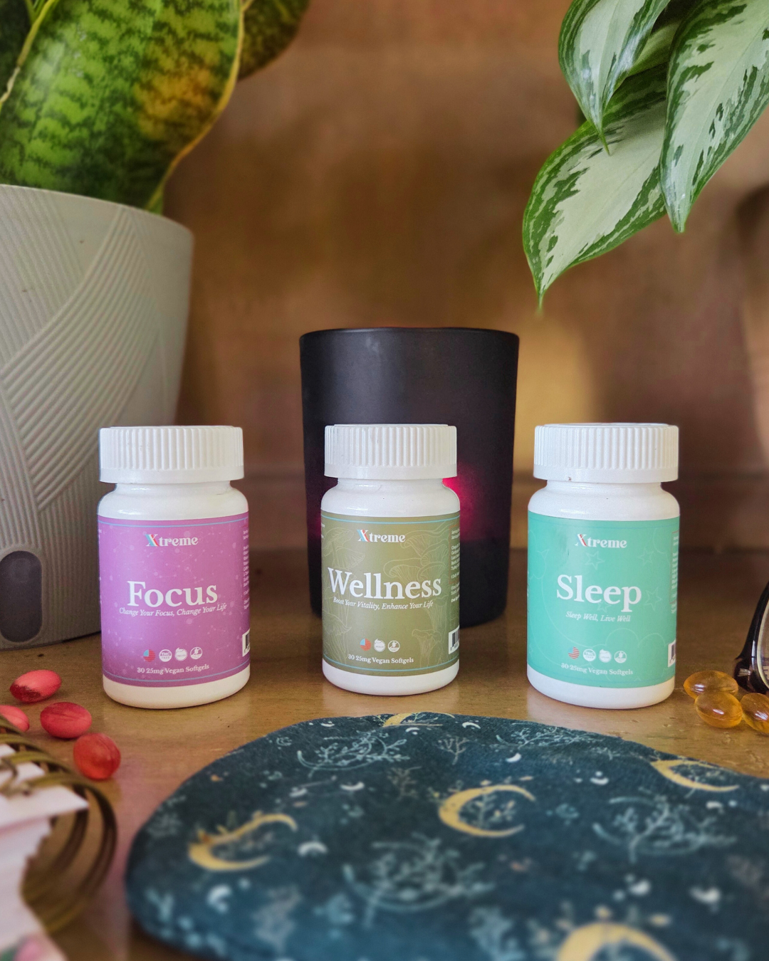User photo of Xtreme Brands Clarity & Sleep Bundle with plants, sleep mask, and candle – USA-made supplements with full-spectrum hemp for focus and restful sleep.