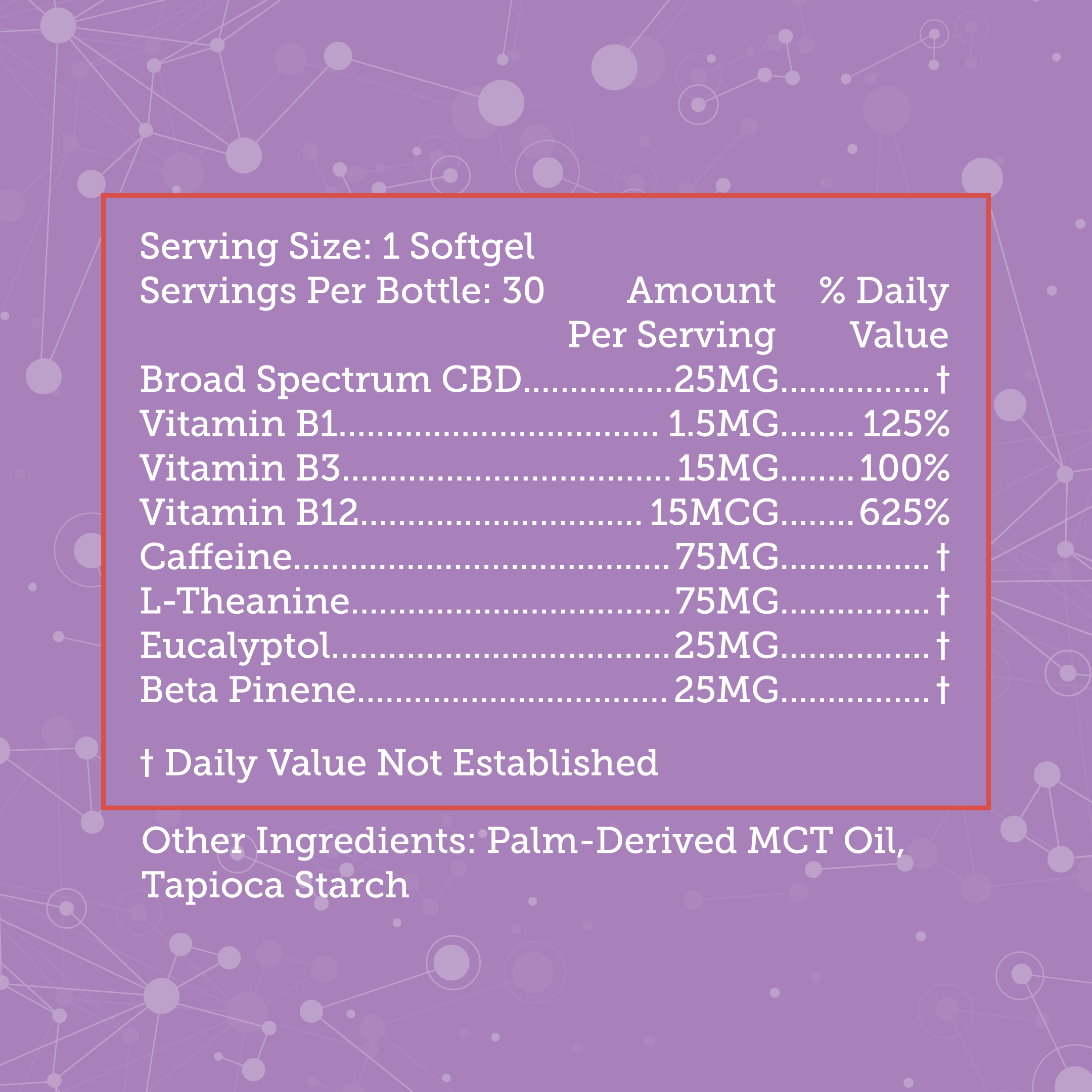 Label of Xtreme Brands Focus Softgels – supplement facts and ingredients including full-spectrum hemp, L-theanine, and vitamin B12 for concentration and calm energy.