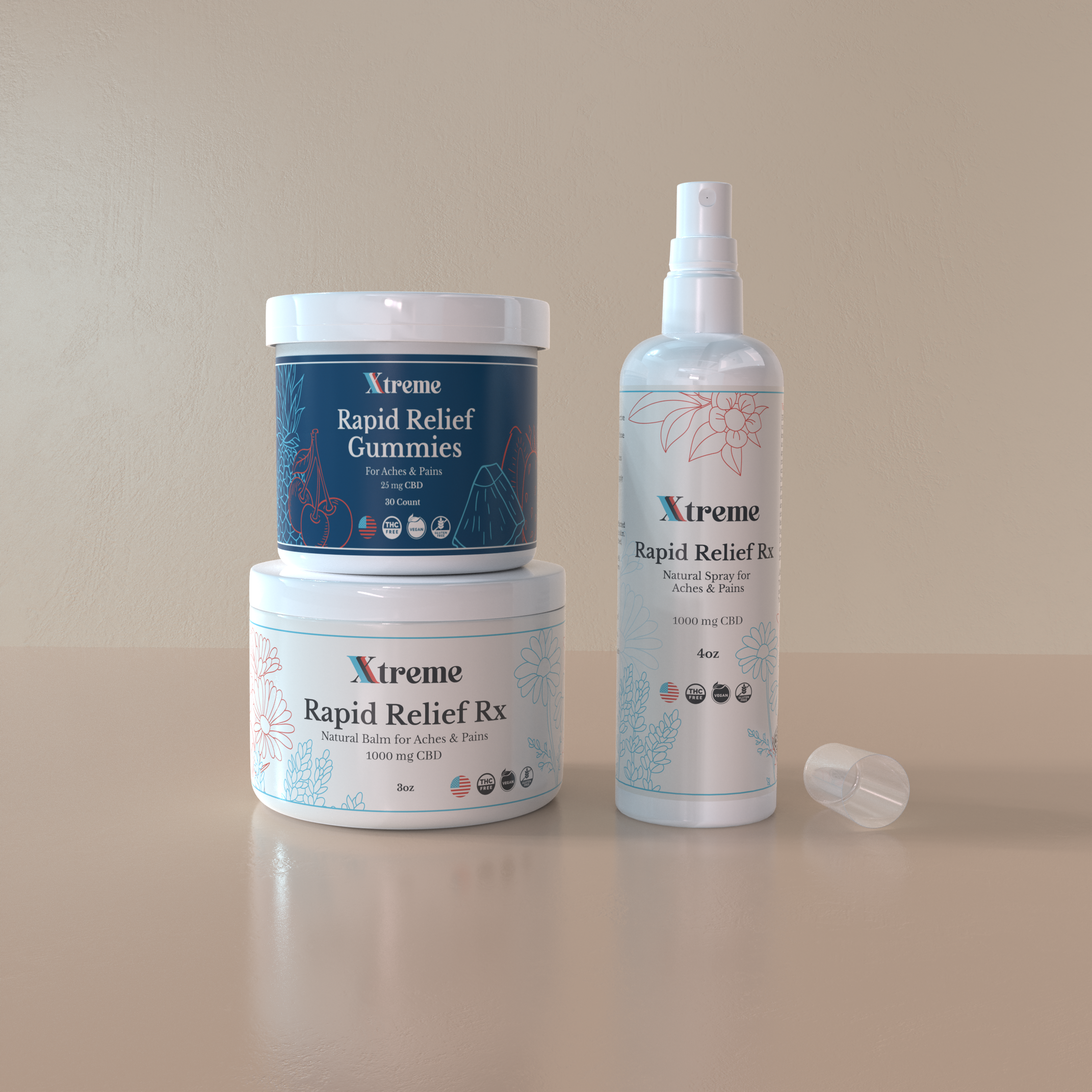 Xtreme Brands RX Rapid Relief Balm, Spray, and Gummies – USA-made natural pain relief trio with full-spectrum hemp, Arnica, and Menthol, displayed on a solid background.