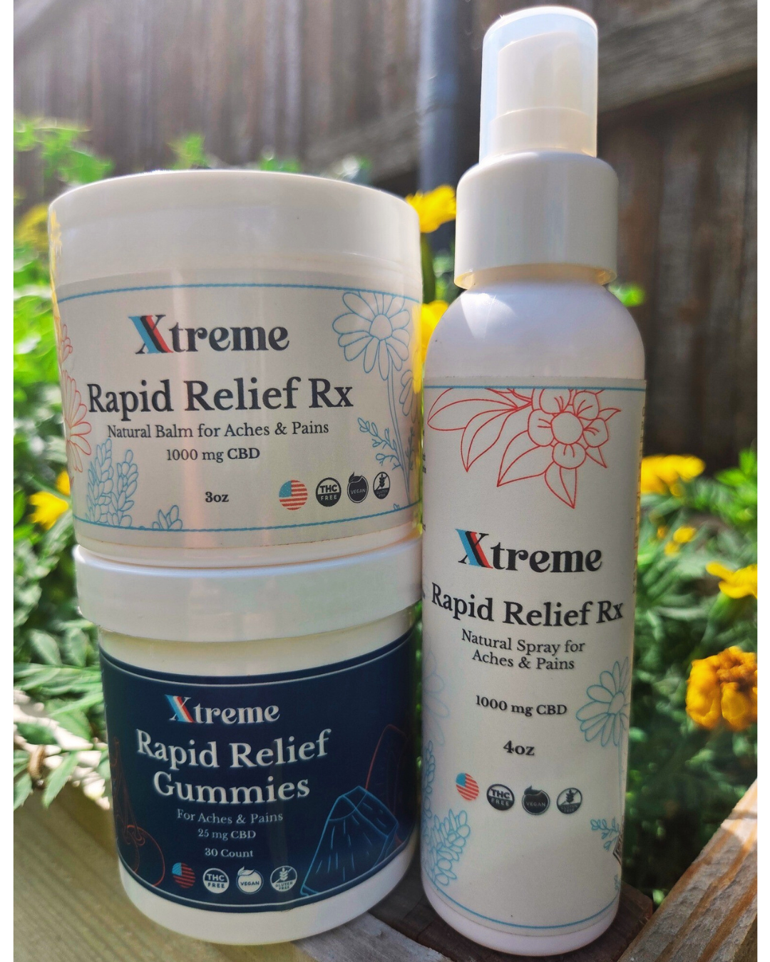 User photo of Xtreme Brands RX Pro Bundle – Balm, Spray, and Gummies displayed in a garden setting, USA-made natural pain relief with full-spectrum hemp and botanicals.