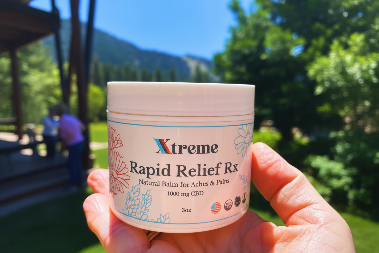 Xtreme Brands RX Rapid Relief Balm held with nature in the background – strongest doctor-trusted formula with full-spectrum hemp, Arnica, and Menthol for targeted muscle and joint relief.