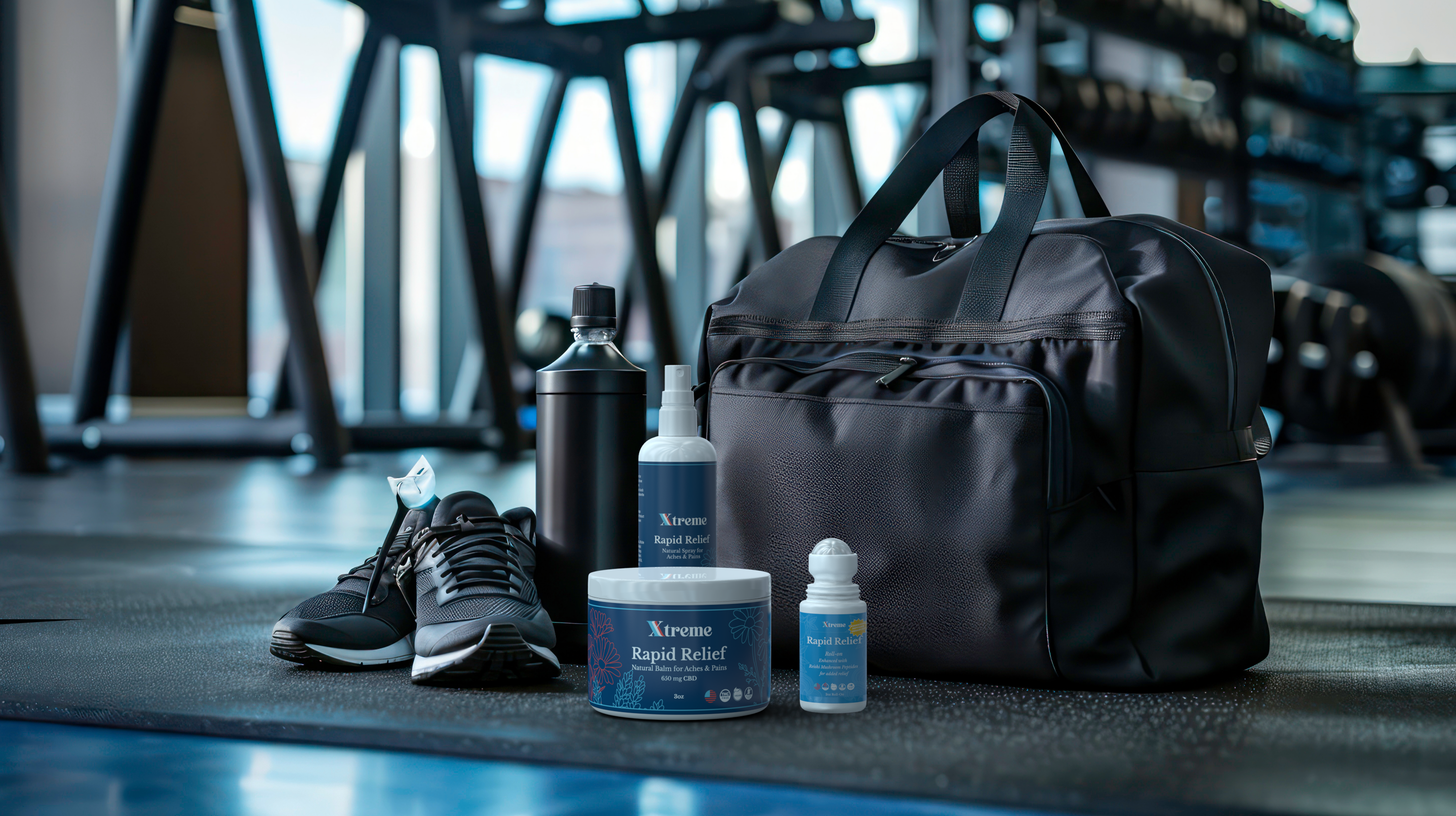 Xtreme Rapid Relief Balm, Natural Spray, and Rapid Relief Roll-On in a gym setting – USA-made, doctor-trusted hemp-derived CBD formulas for active recovery and muscle and joint relief.