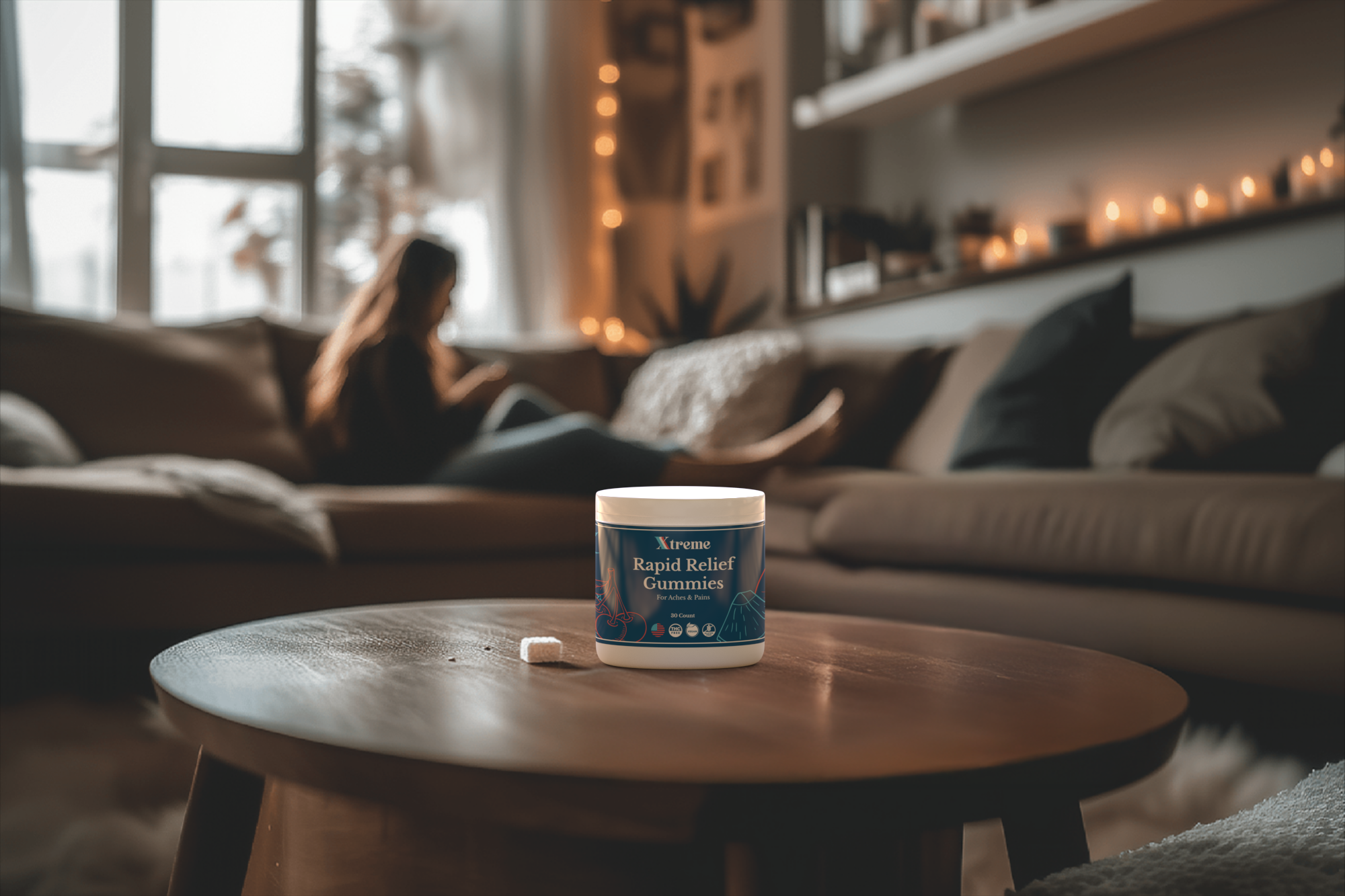 Rapid Relief Gummies on countertop – convenient hemp‑derived CBD gummies for natural whole‑body comfort.