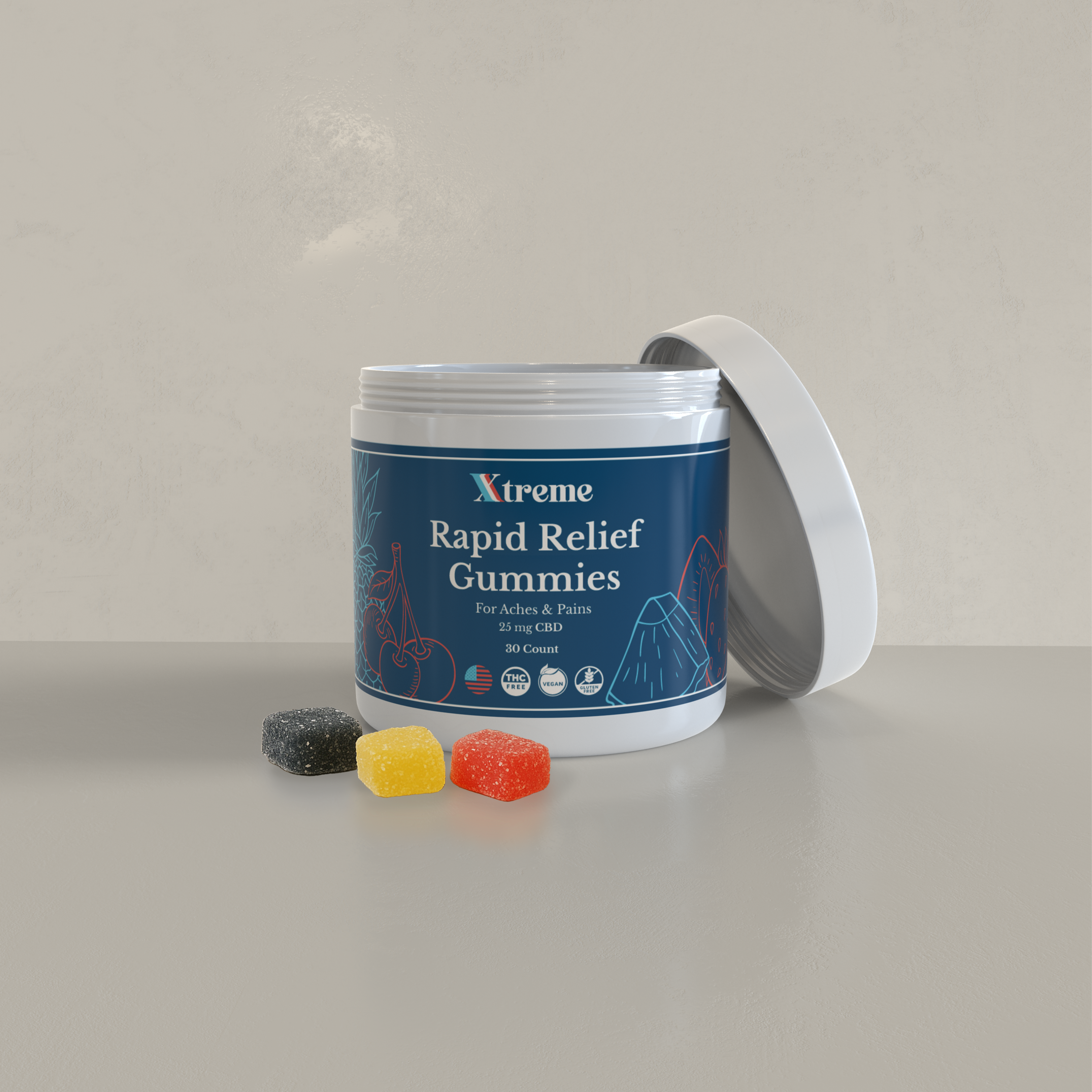 Rapid Relief Gummies bottle with gummies spilling out – hemp‑derived CBD formula for everyday tension relief and recovery.