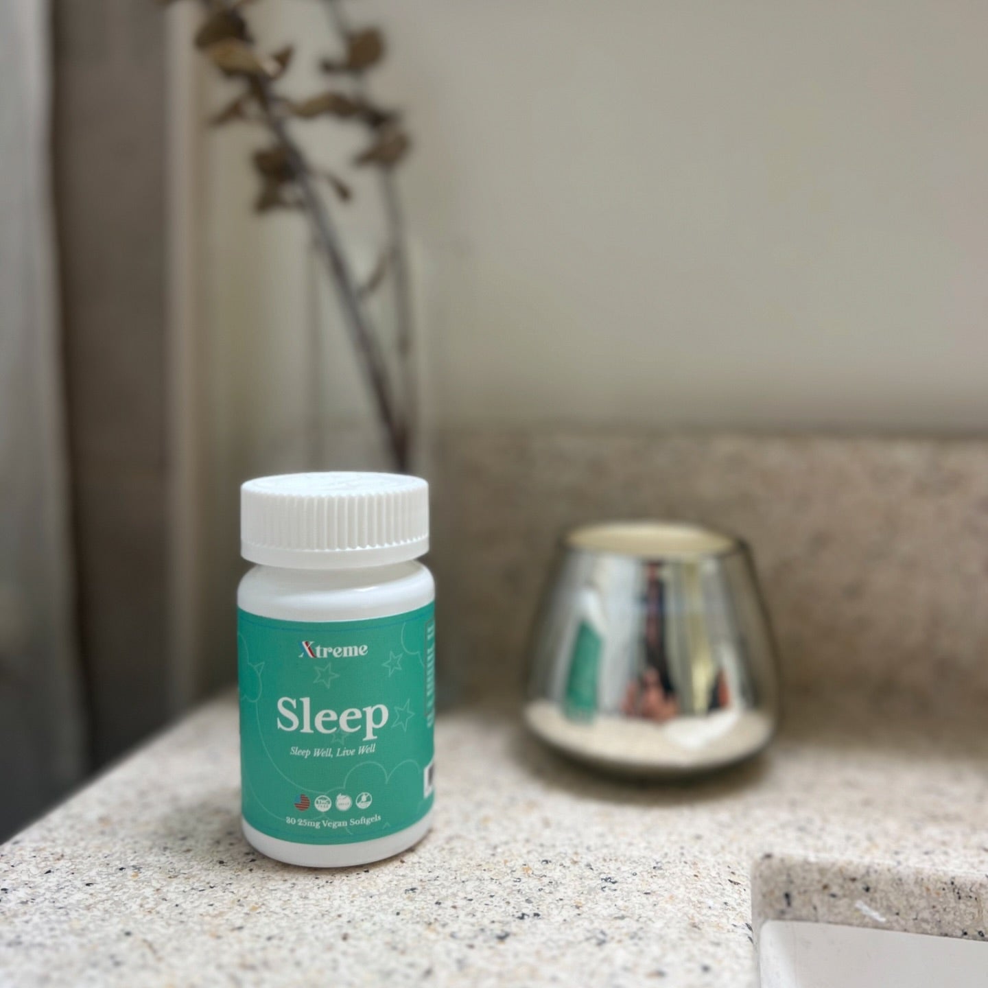Xtreme Brands Sleep Softgels bottle on bathroom counter – USA-made natural sleep support with full-spectrum hemp and melatonin for deep, restorative rest.