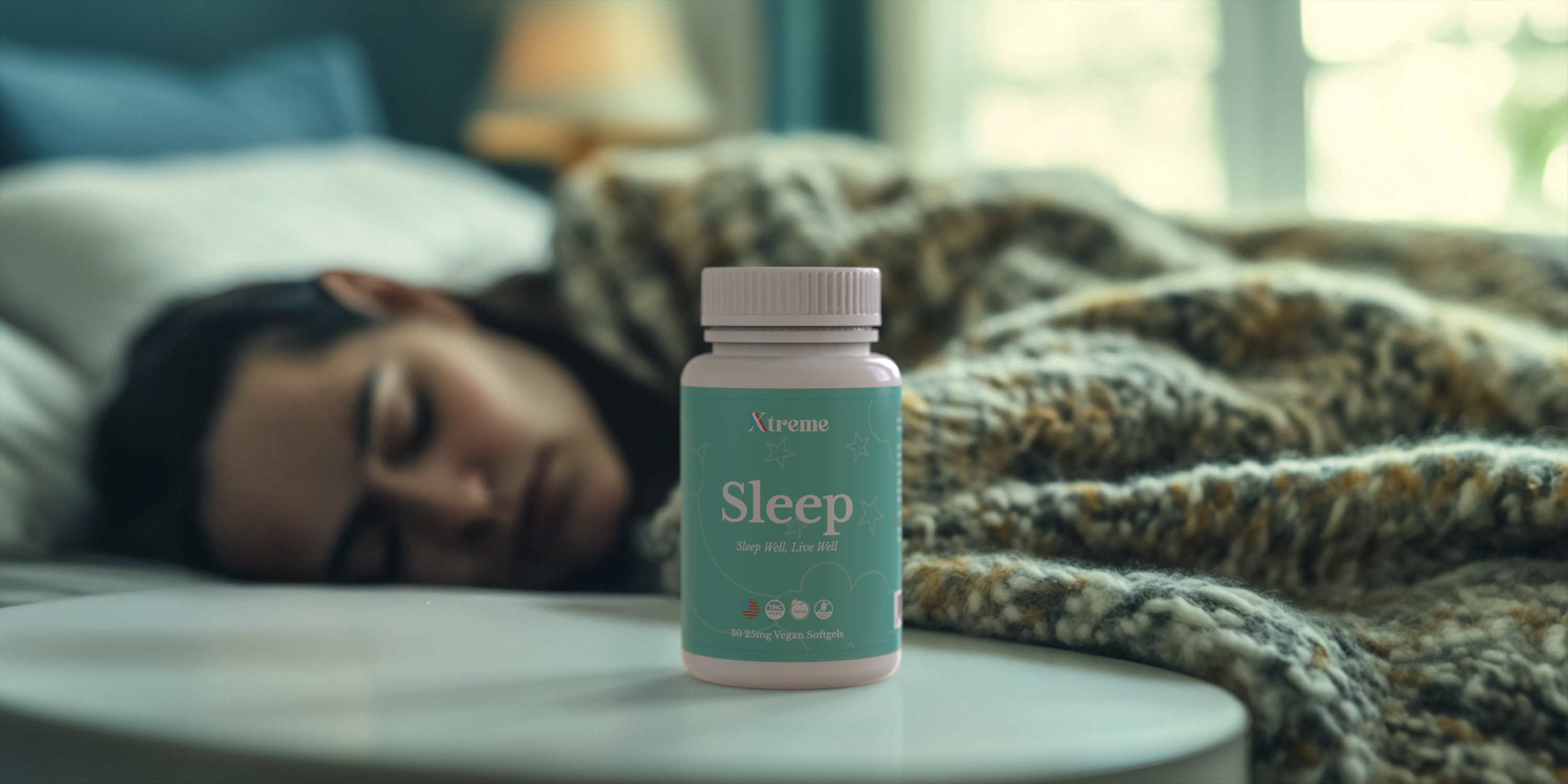 Xtreme Brands Sleep Softgels on nightstand beside sleeping person – USA-made natural supplement with full-spectrum hemp and melatonin for deep, restorative rest.