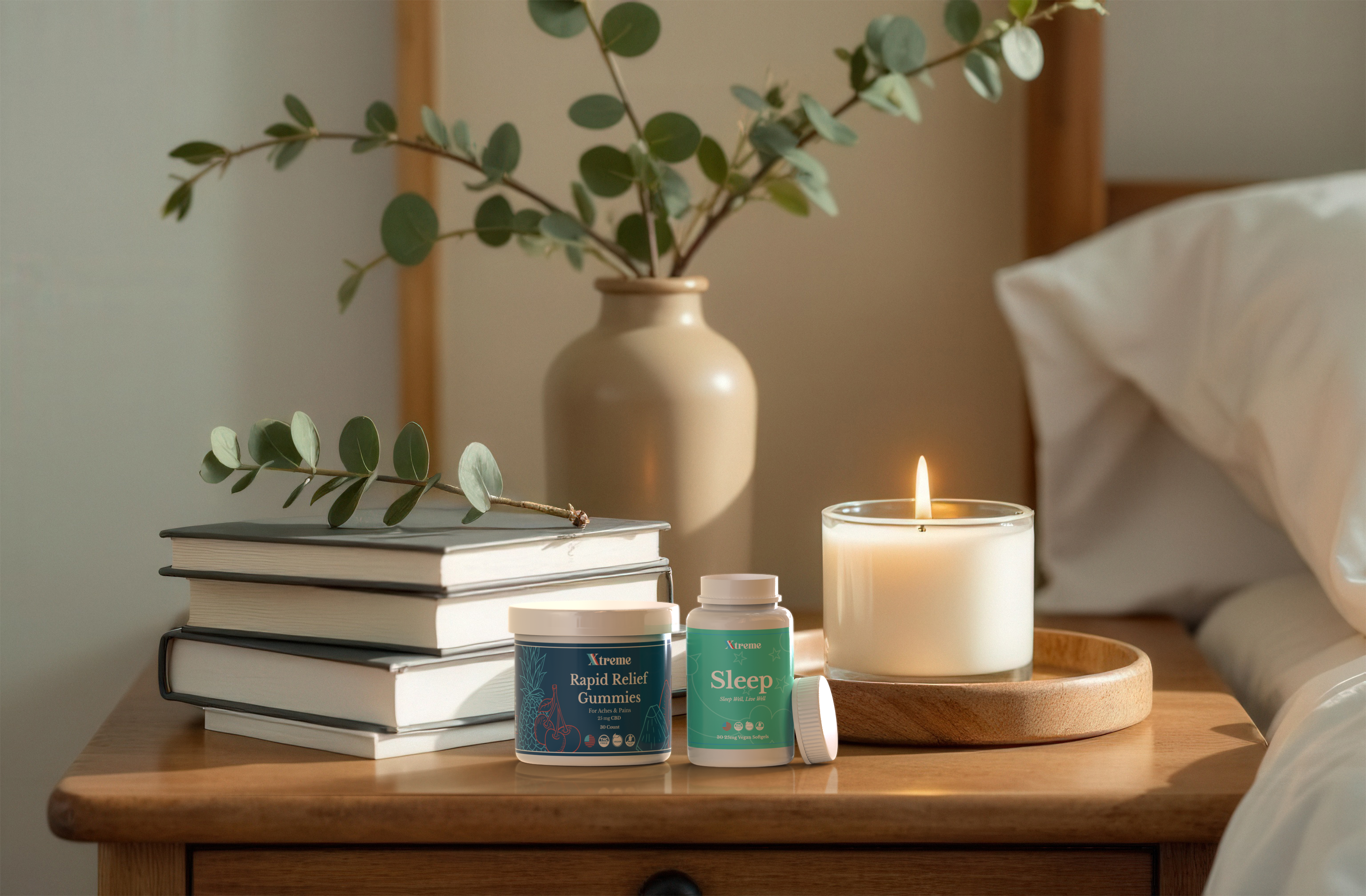 Xtreme Brands Sleep Softgels and Rapid Relief Gummies on a bedroom nightstand—USA‑made, doctor‑trusted formulas with full‑spectrum hemp (gummies) and full‑spectrum hemp + melatonin (sleep) for restful sleep and whole‑body comfort.