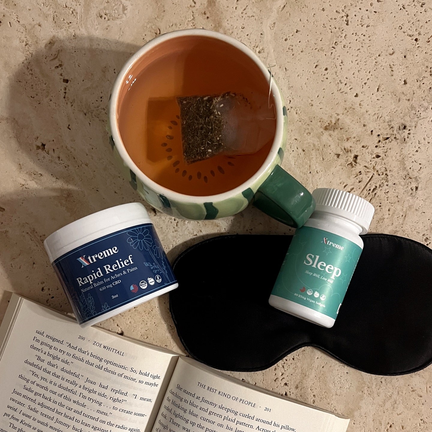 Xtreme Brands Sleep Softgels with RX Rapid Relief Balm, sleep mask, tea, and book – USA-made natural supplements with full-spectrum hemp for relaxation and restorative sleep.