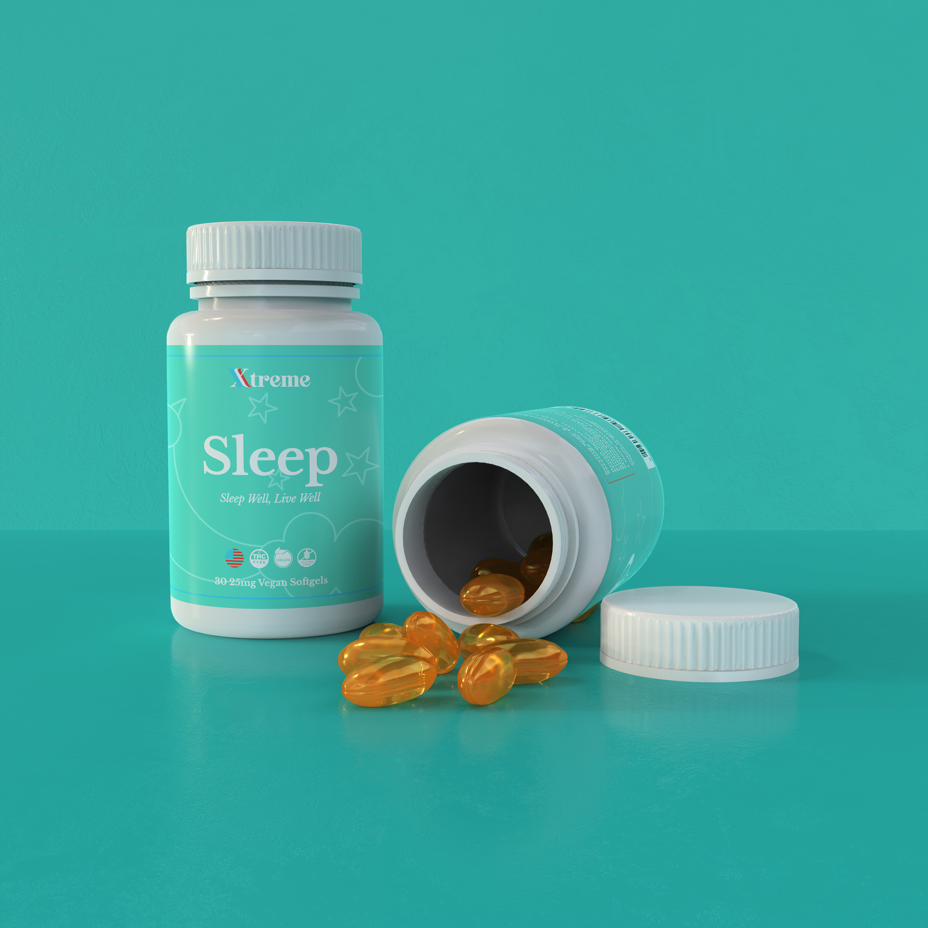 Xtreme Brands Sleep Softgels bottle spilled with golden capsules – USA-made natural sleep support with full-spectrum hemp and melatonin for deep, restorative rest.