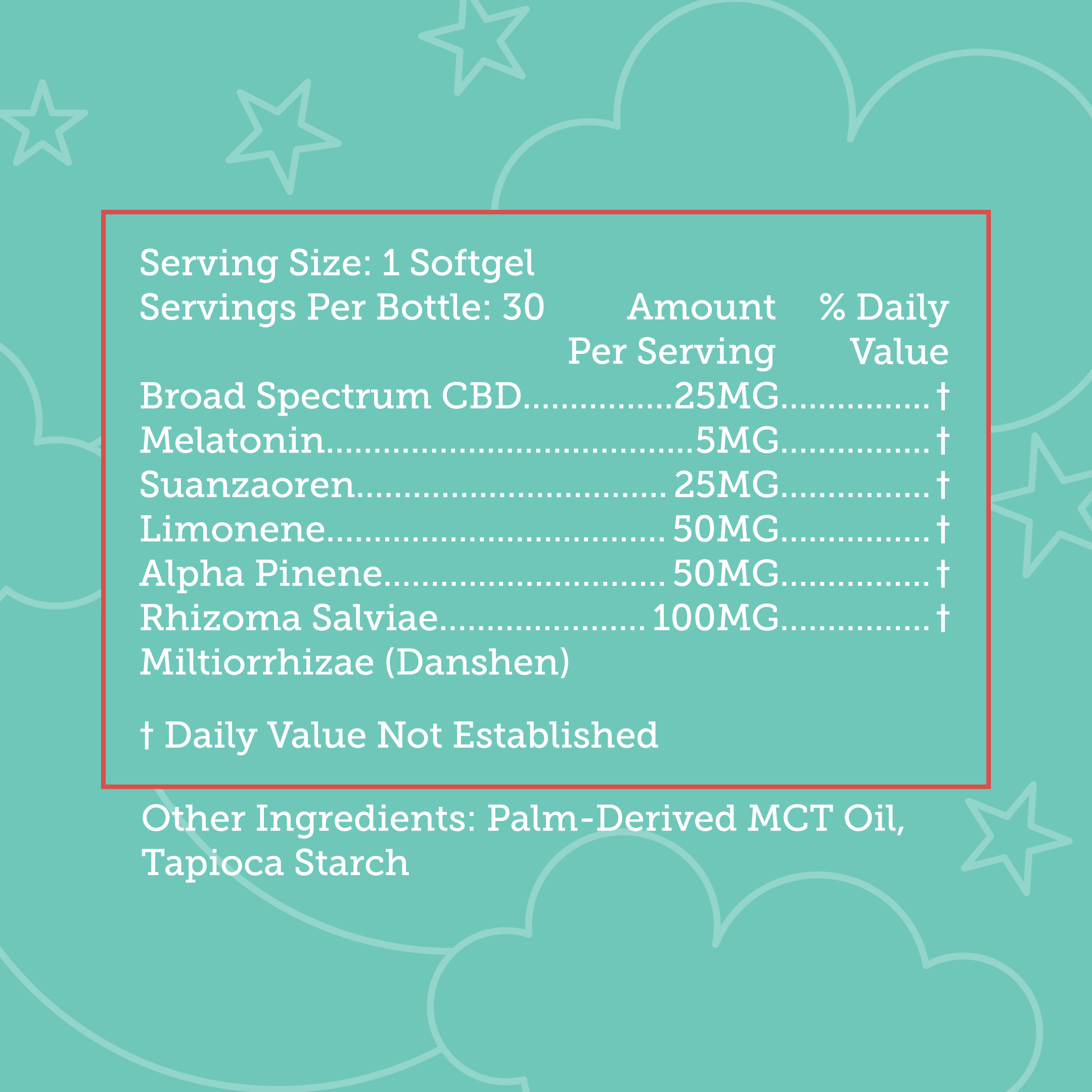 Supplement facts and ingredients label for Xtreme Brands Sleep Softgels – includes full-spectrum hemp, melatonin, and natural botanicals for sleep support.