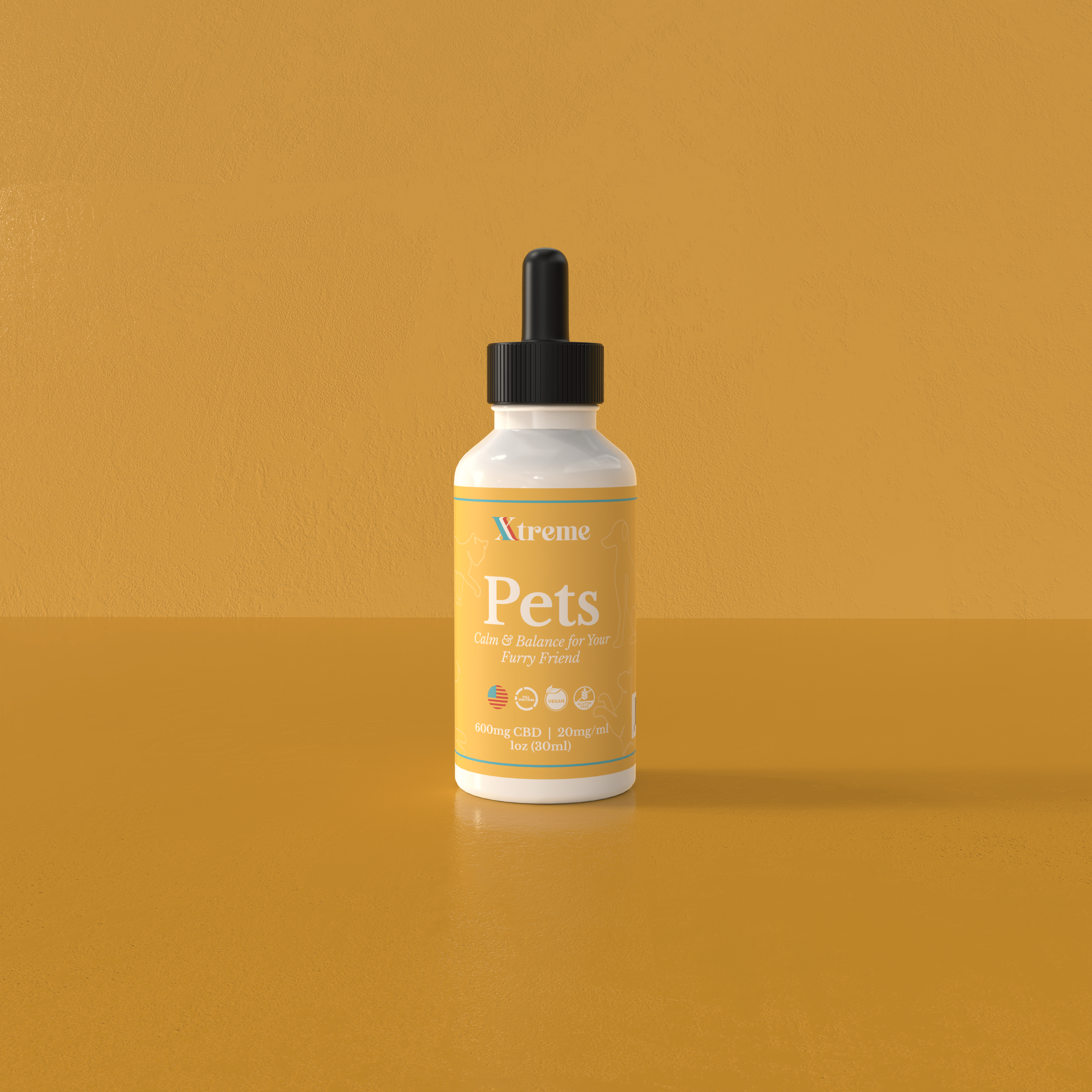 XTREME Pet Drops for dogs and cats CBD-rich calming supplement for stress, mobility, and recovery support.