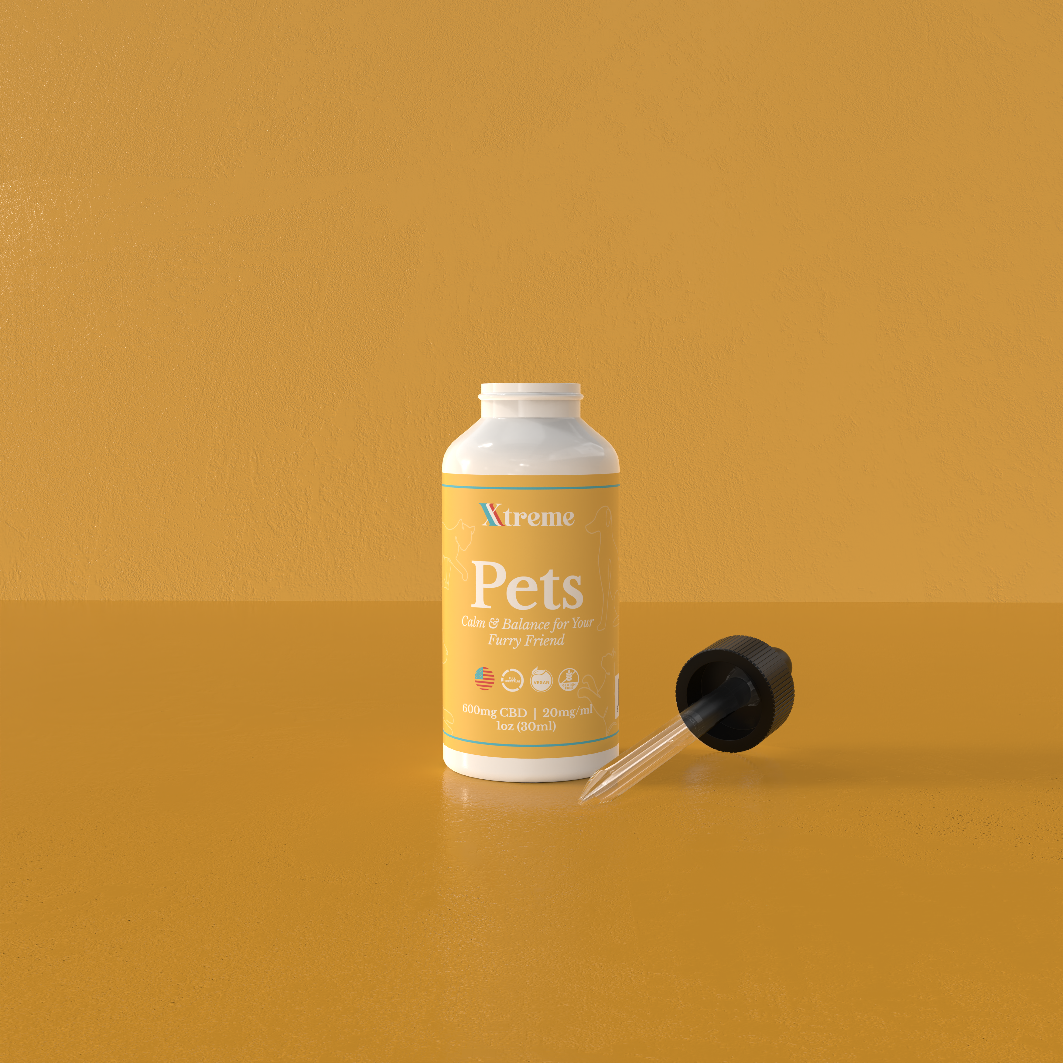 XTREME Pet Drops with open lid and dropper natural hemp-based supplement for pet anxiety and joint support.