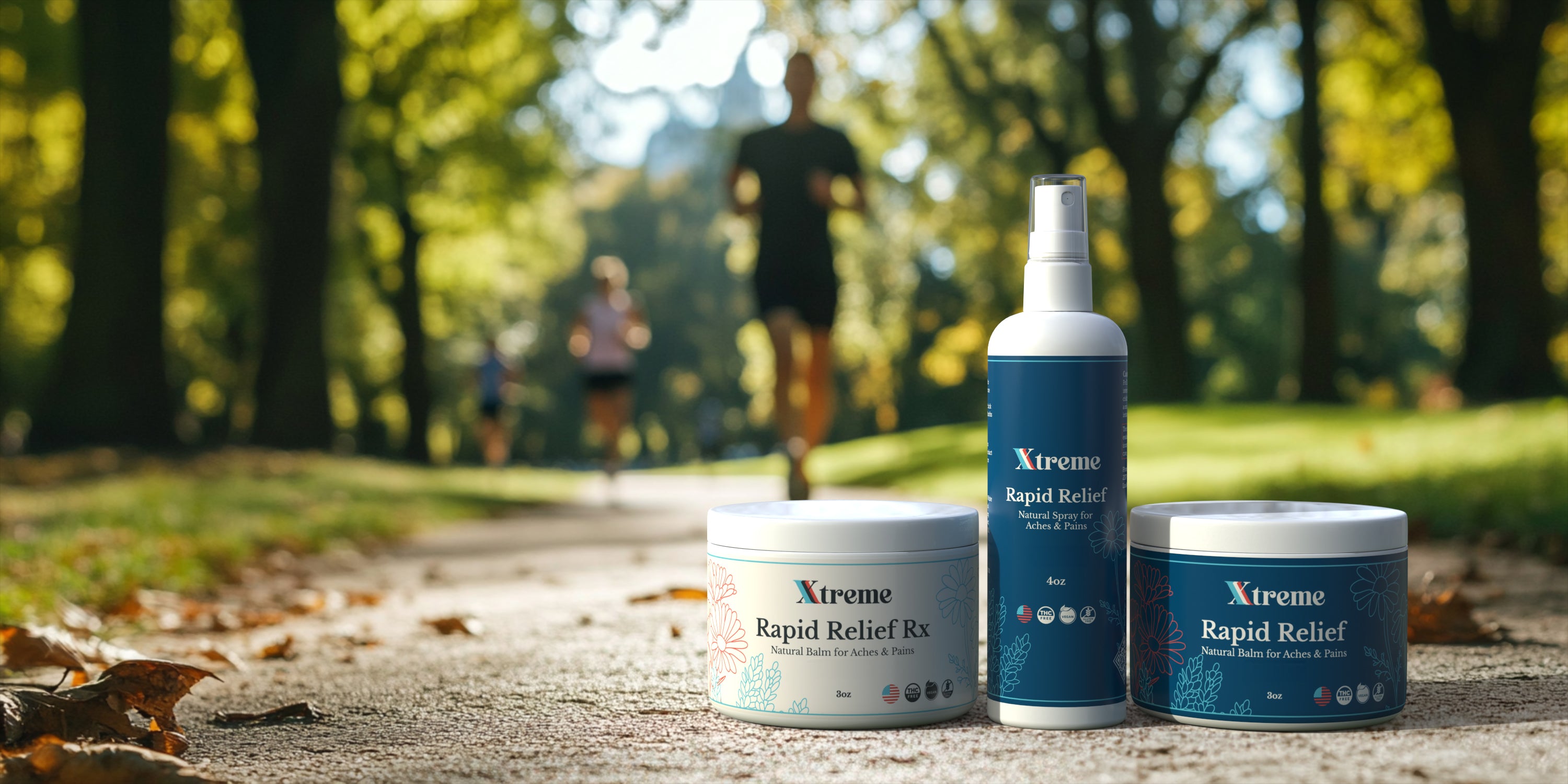 Xtreme Brands RX Rapid Relief Balm, Natural Balm, and Natural Spray with people running outdoors – doctor-trusted hemp-derived CBD formulas for targeted muscle and joint relief to support active lifestyles.