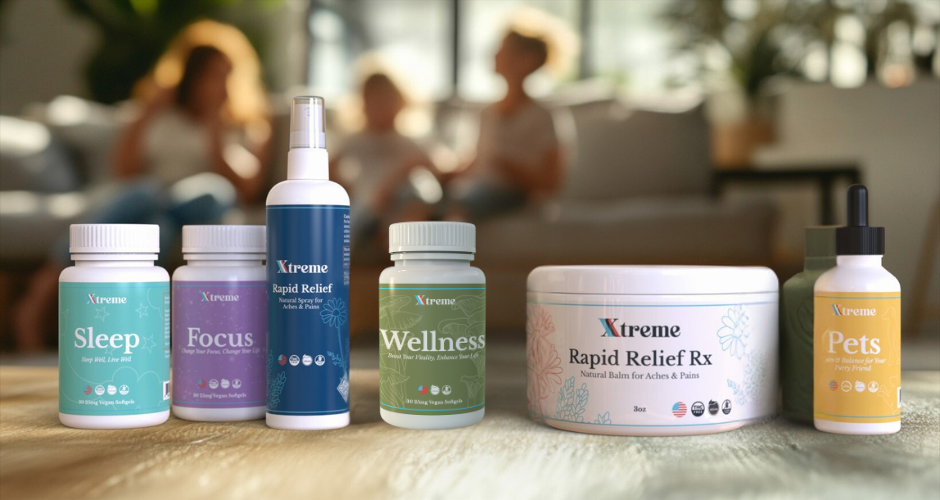 Full Xtreme Brands product family including RX Rapid Relief Balm and Spray, Rapid Relief Gummies, Natural Balm and Spray, Roll-On, Sleep and Focus capsules, Wellness mushroom capsules, Tribe Coffee, pet health formulas, and handmade soaps – rewards members earn points on every purchase.