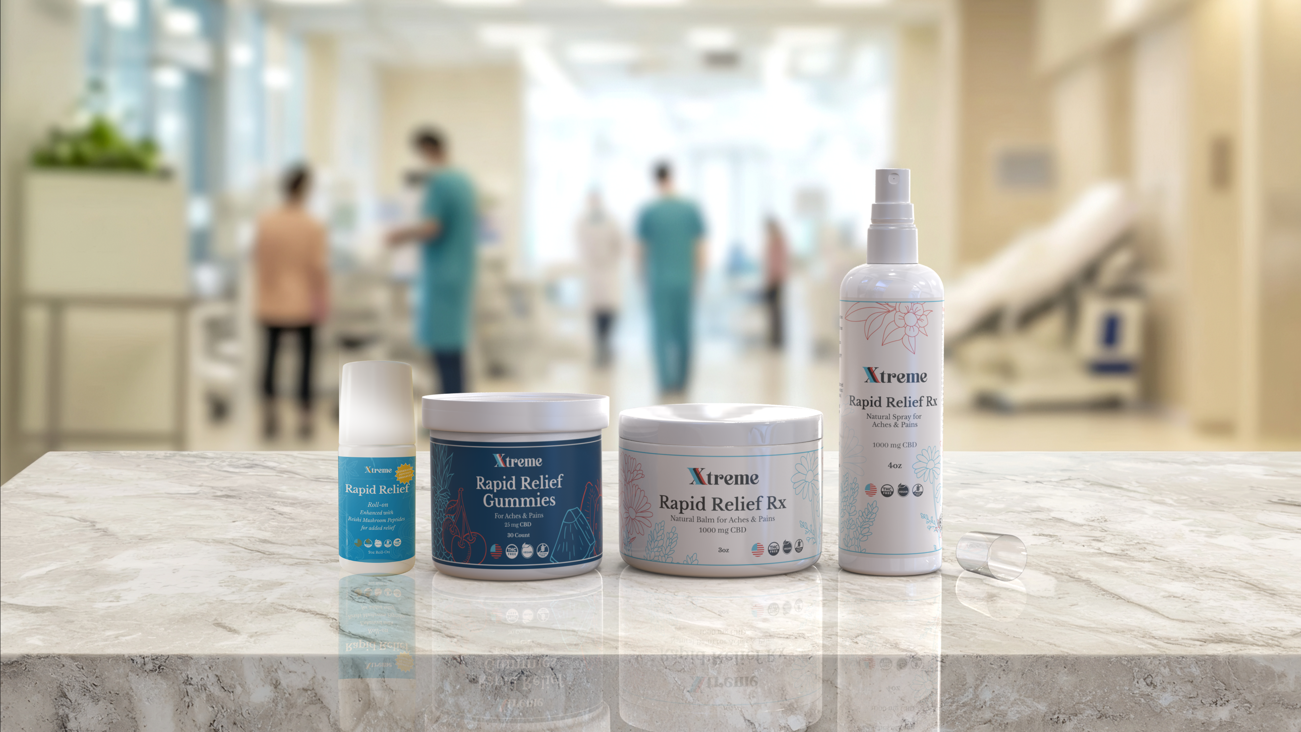 Xtreme Brands Rapid Relief Gummies, Rapid Relief Roll-On, RX Rapid Relief Spray, and RX Rapid Relief Balm displayed in a clean clinical setting – premium, doctor-trusted hemp-derived CBD products for professional and wholesale use.