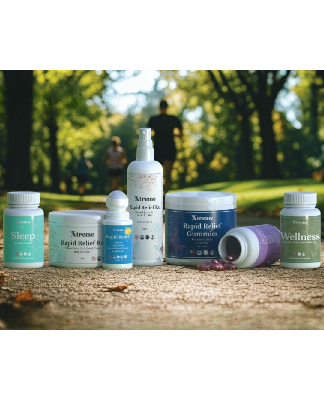 All Xtreme Brands wellness products displayed together – save 20% when you buy any three. Includes doctor-trusted pain relief topicals, hemp-derived CBD gummies, natural sleep and focus capsules, mushroom wellness formulas, pet health tinctures, and handmade soaps for whole-body recovery and vitality.