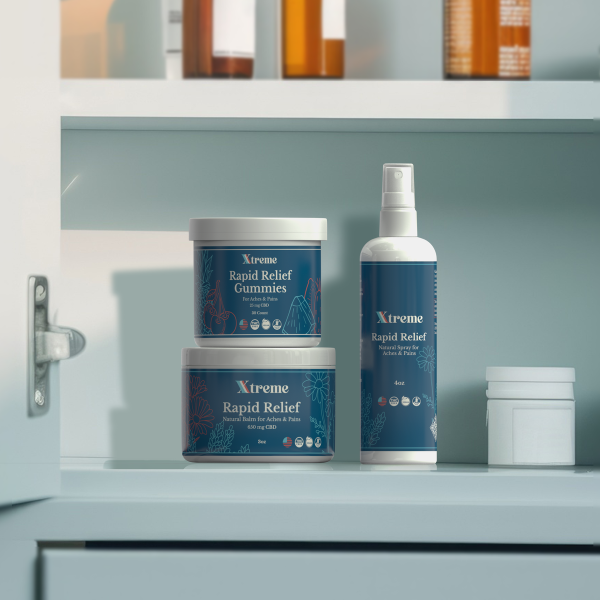 Xtreme Brands Xtreme Essentials Bundle – RX Rapid Relief Balm, RX Rapid Relief Spray, and RX Gummies for USA-made natural pain relief and wellness.