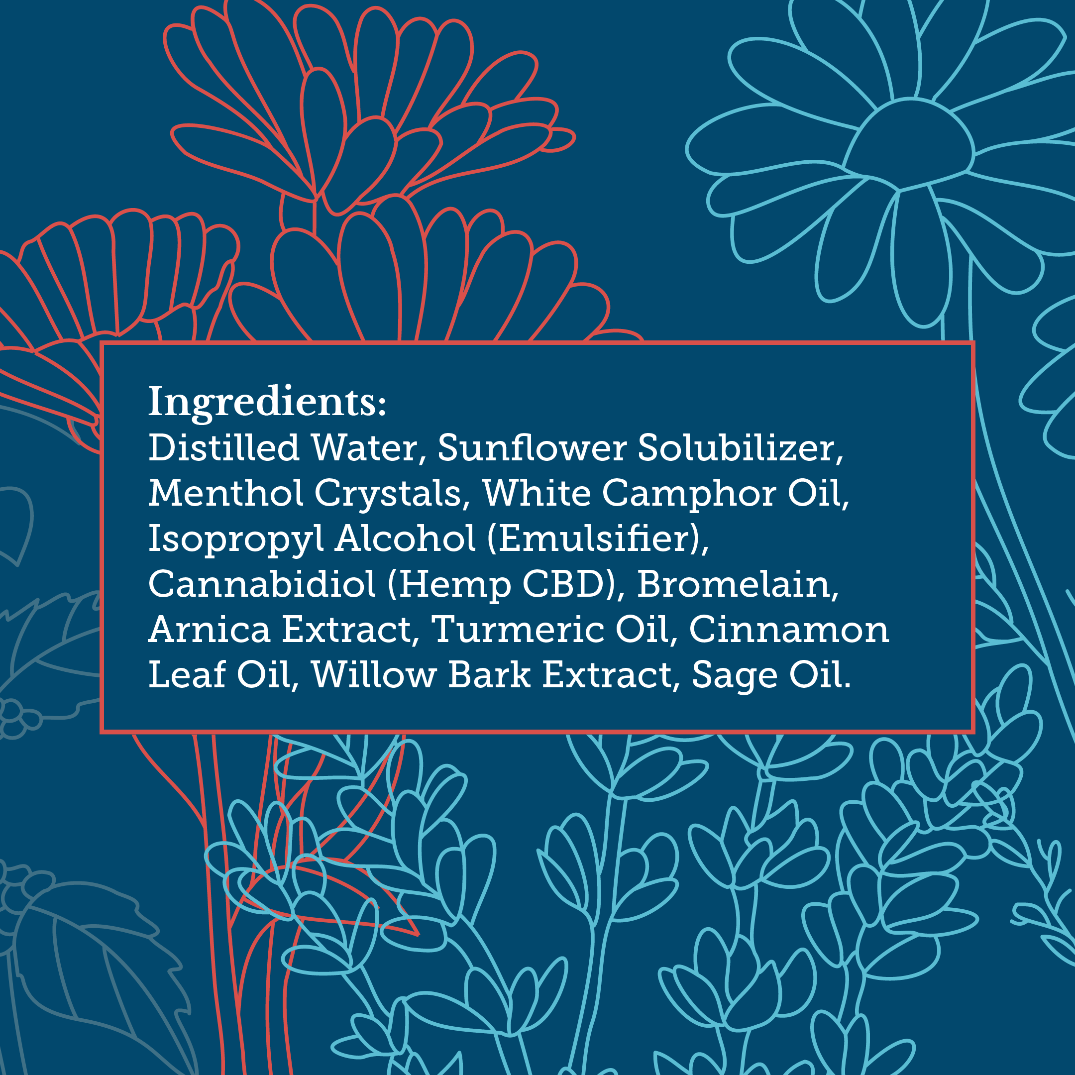 Ingredient label of Xtreme Rapid Relief Natural Spray, listing hemp-derived CBD, Arnica, Turmeric, Willow Bark, Menthol, and other natural botanicals.