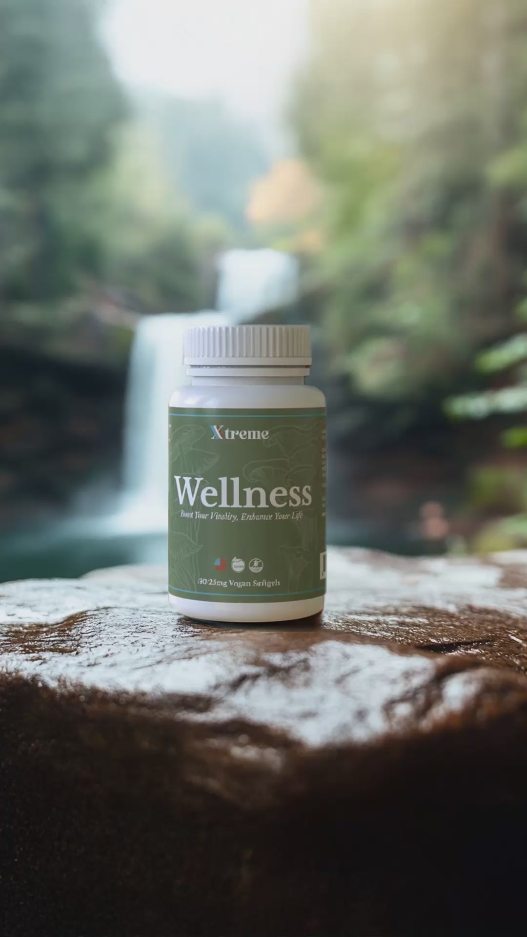 Xtreme Brands Wellness Capsules in focus with waterfall in the background – USA-made functional mushroom supplement with Lion’s Mane, Reishi, Chaga, and Cordyceps.
