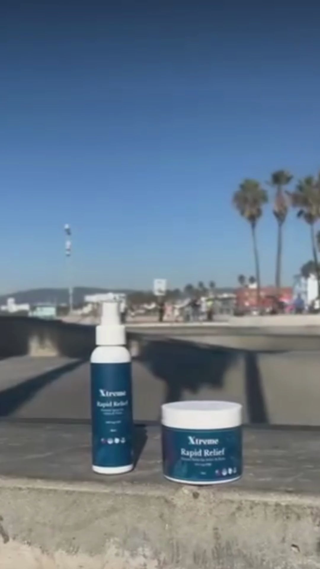 Xtreme Rapid Relief Balm and Natural Spray with skateboarders in the background – doctor-trusted hemp-derived CBD formulas for everyday muscle and joint relief.