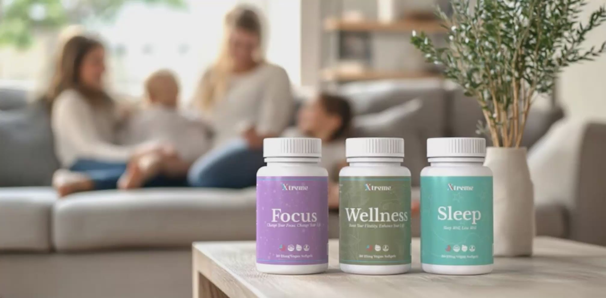 Xtreme Brands Clarity & Sleep Bundle in focus with family playing in background – USA-made full-spectrum hemp supplements for focus and restful sleep.