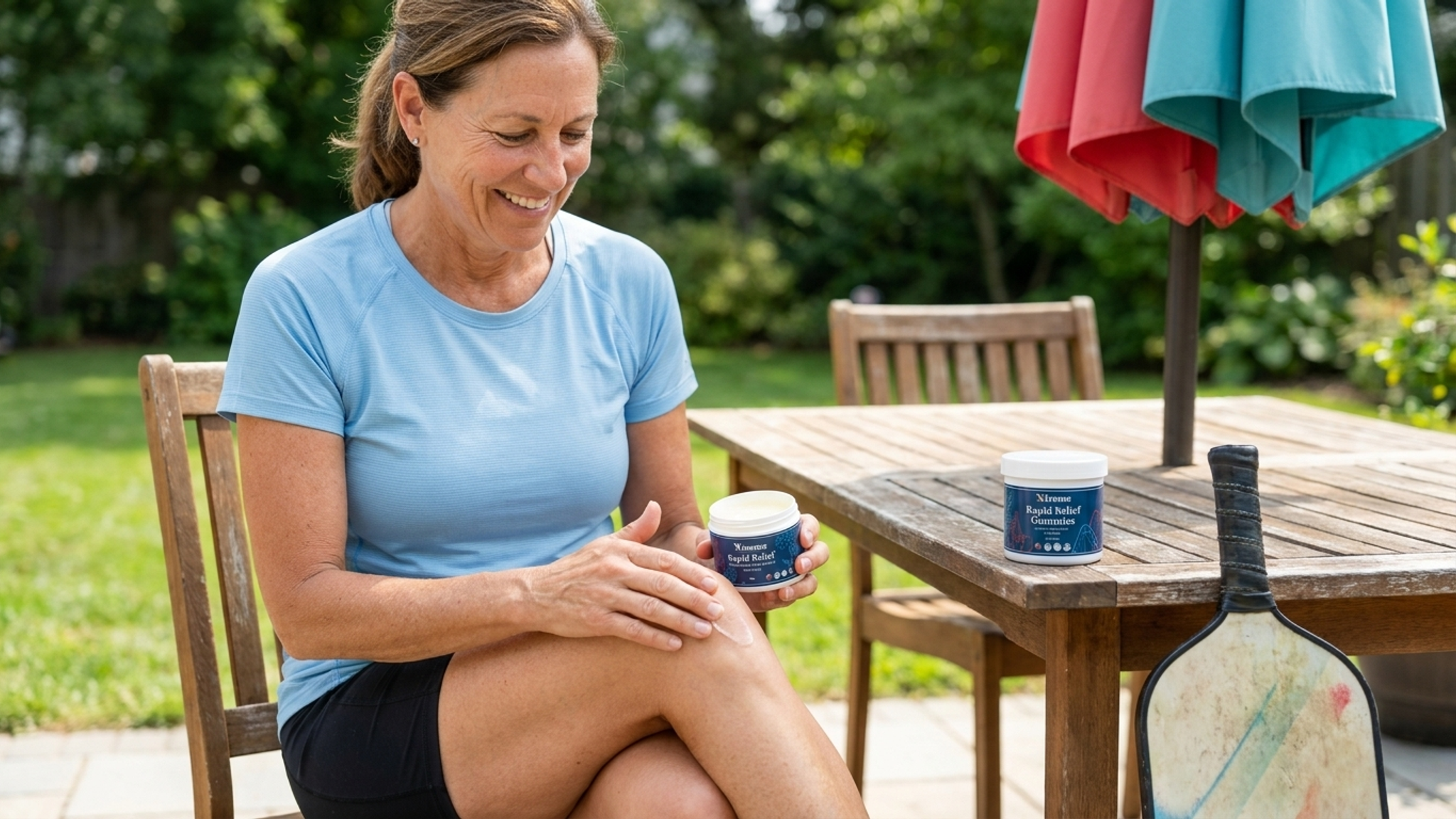 Woman applying Xtreme Rapid Relief Balm to her knee with Rapid Relief Gummies and Sleep softgels on patio table and pickleball paddle nearby