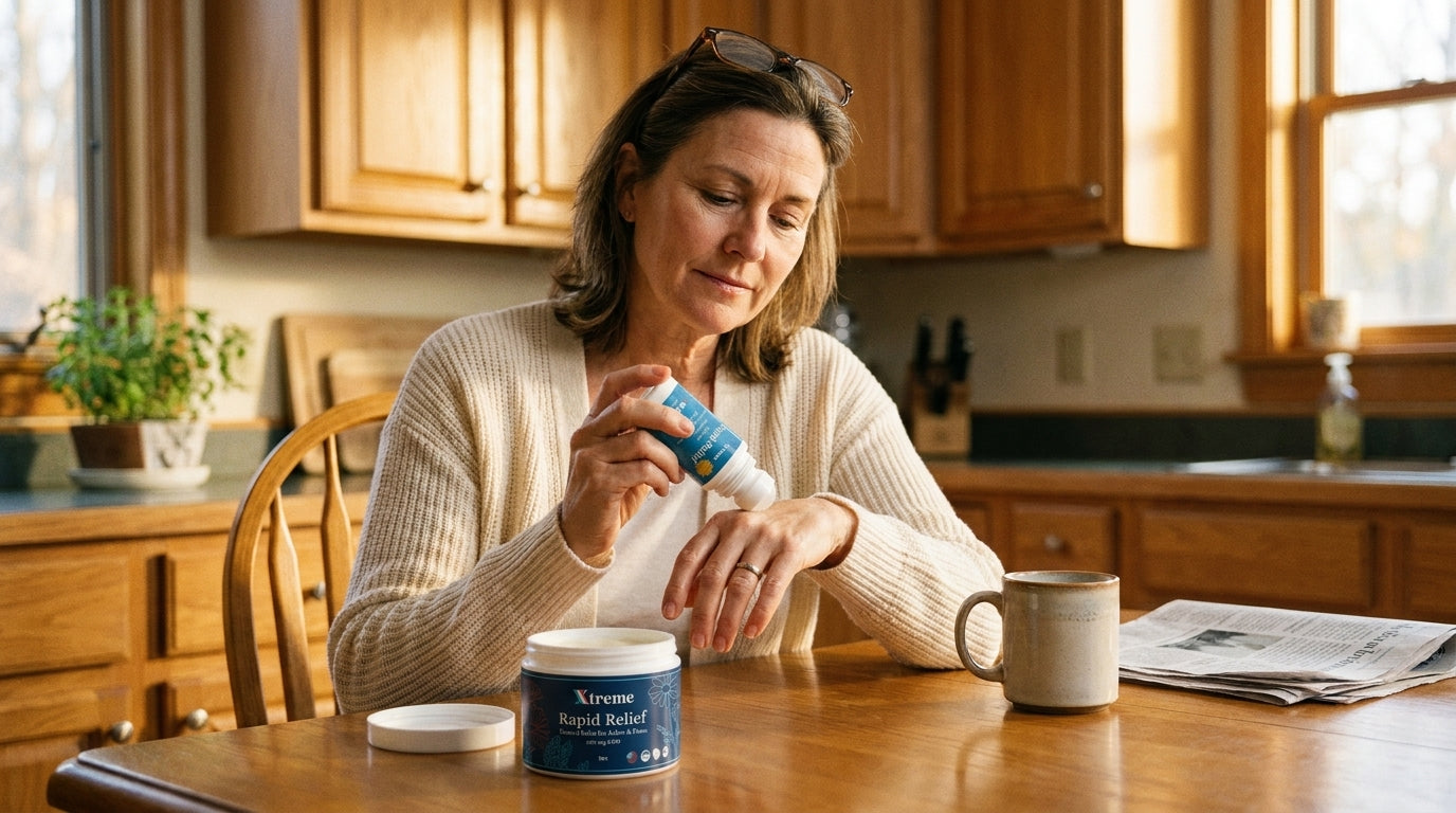 women apply xtreme rapid relief rollon to her arthritic hands for relief 