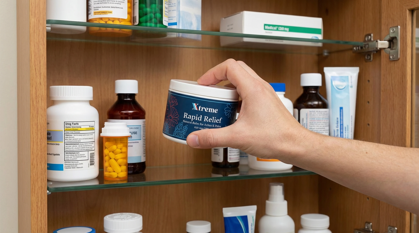 Xtreme Rapid Relief Natural CBD Balm being chosen from a medicine cabinet as a natural-first recovery alternative
