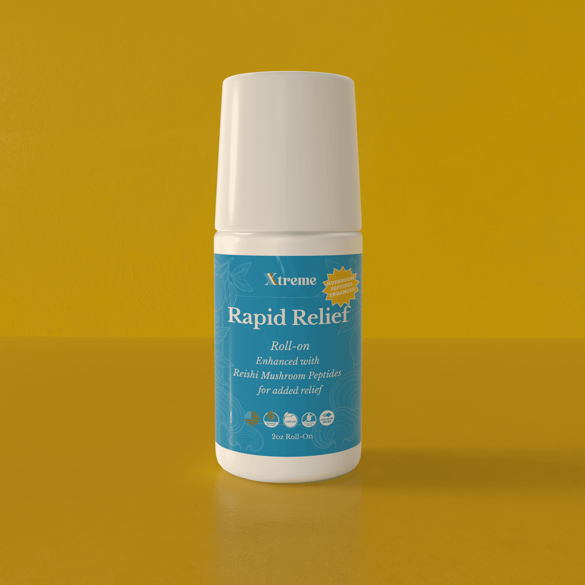 Render of Xtreme Rapid Relief Roll-On with cap on – USA-made natural pain relief functional reishi mushroom, Arnica, and Menthol.
