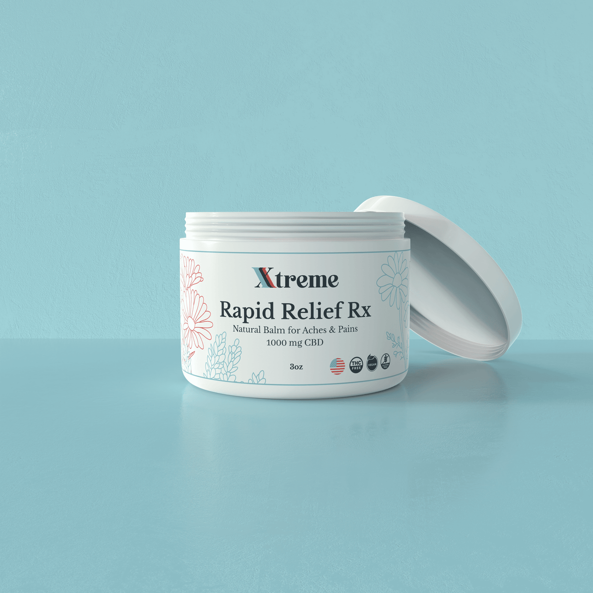 Xtreme Brands RX Rapid Relief Balm with lid open – strongest doctor-trusted formula with full-spectrum hemp, Arnica, and Menthol for targeted muscle and joint relief.
