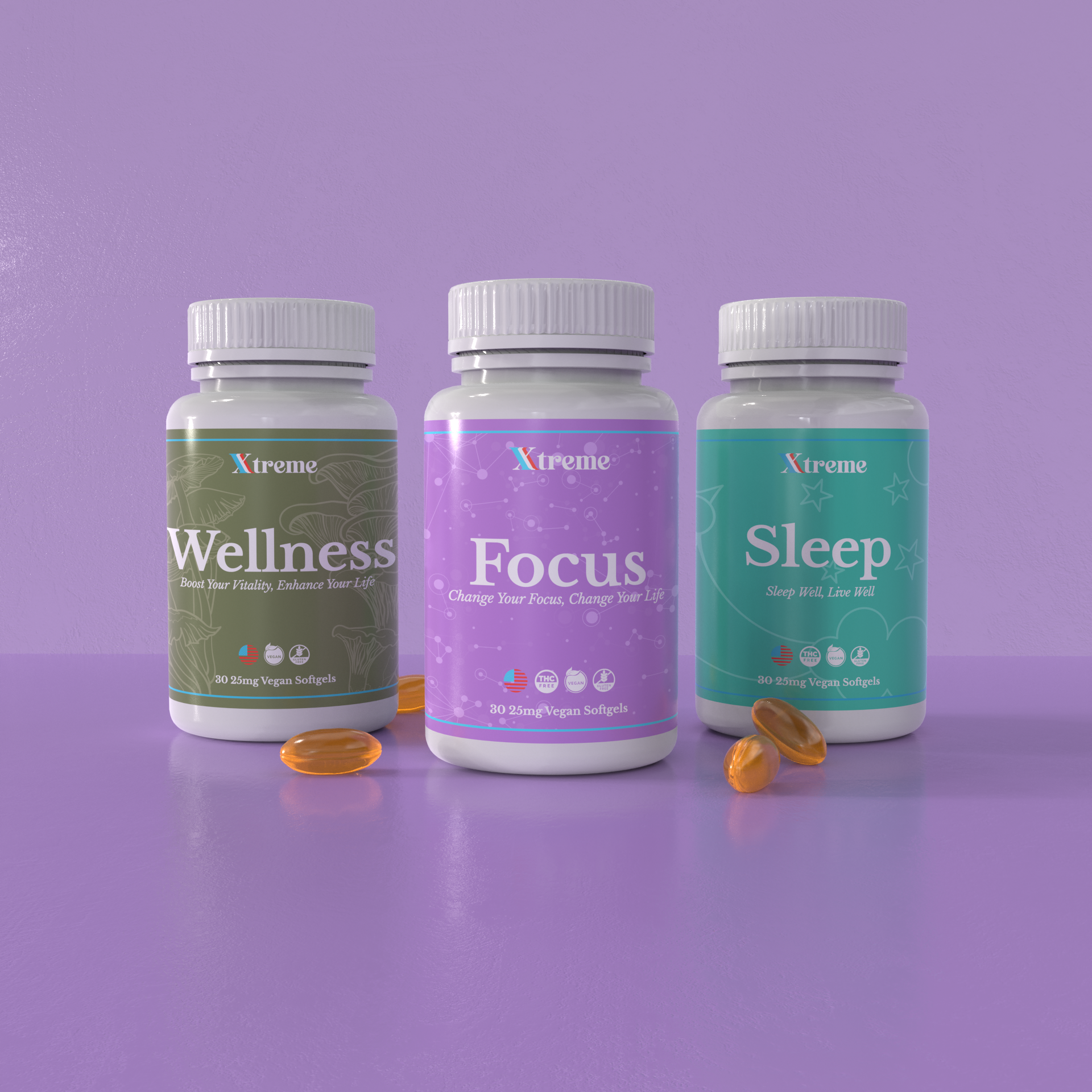 Digital render of Xtreme Brands Clarity & Sleep Bundle – USA-made supplements with full-spectrum hemp for daytime focus and nighttime restful sleep.
