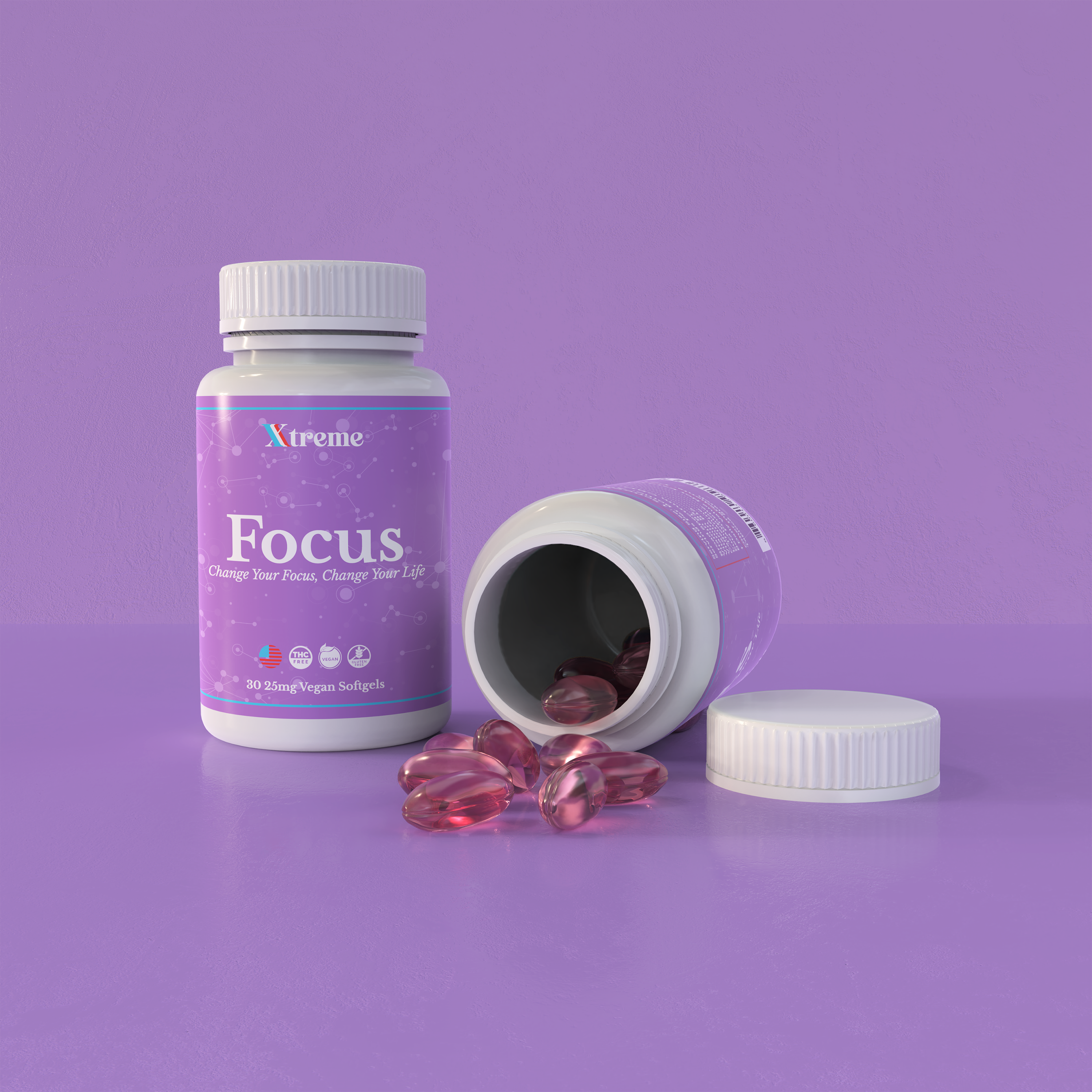 Xtreme Brands Focus Softgels bottle with purple capsules spilled out – USA-made natural supplement with full-spectrum hemp, L-theanine, and vitamin B12 for focus and calm energy.
