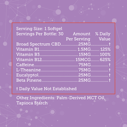 Label of Xtreme Brands Focus Softgels – supplement facts and ingredients including full-spectrum hemp, L-theanine, and vitamin B12 for concentration and calm energy.
