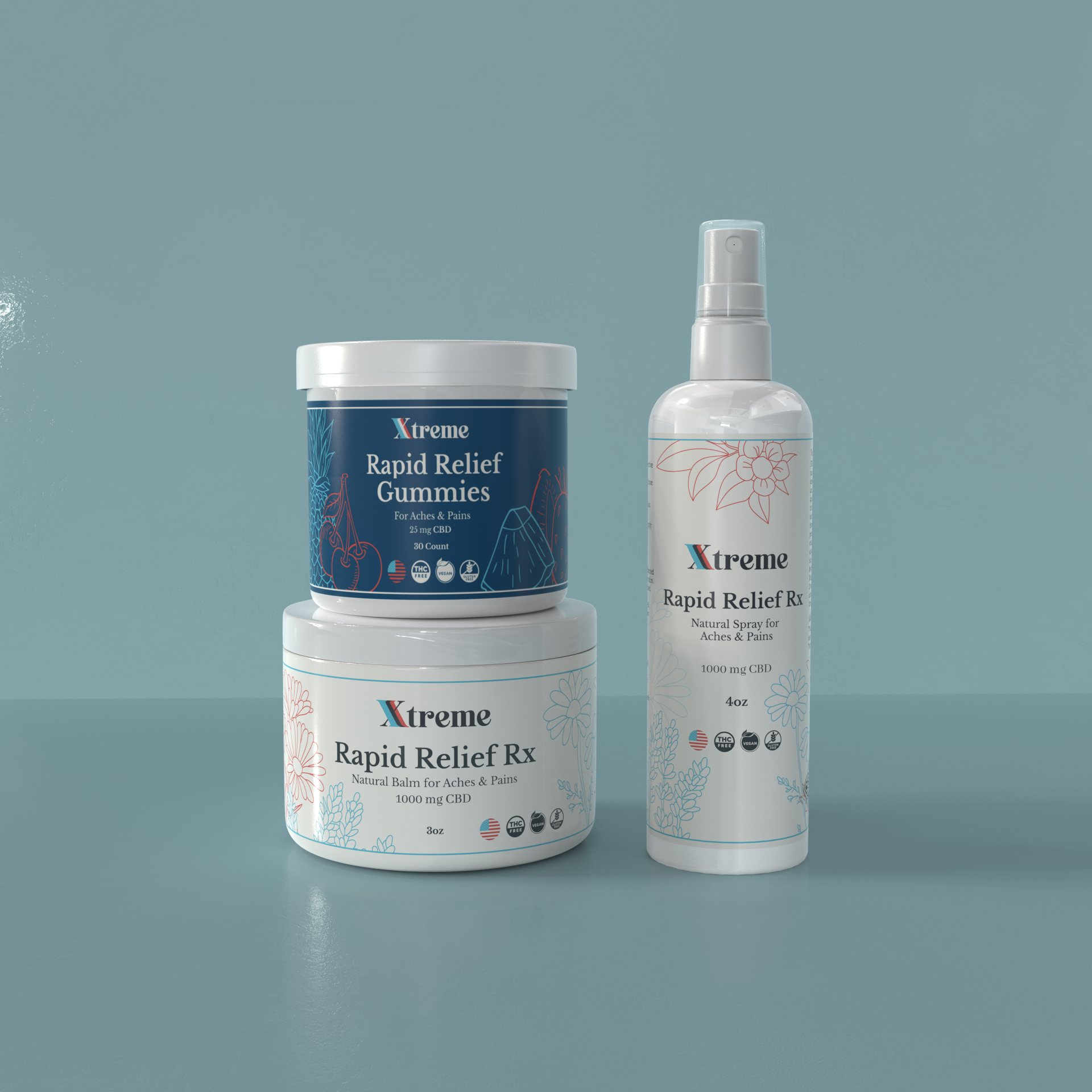 Digital render of Xtreme Brands RX Pro Bundle – Balm, Spray, and Gummies for USA-made natural pain relief with full-spectrum hemp and botanical ingredients.
