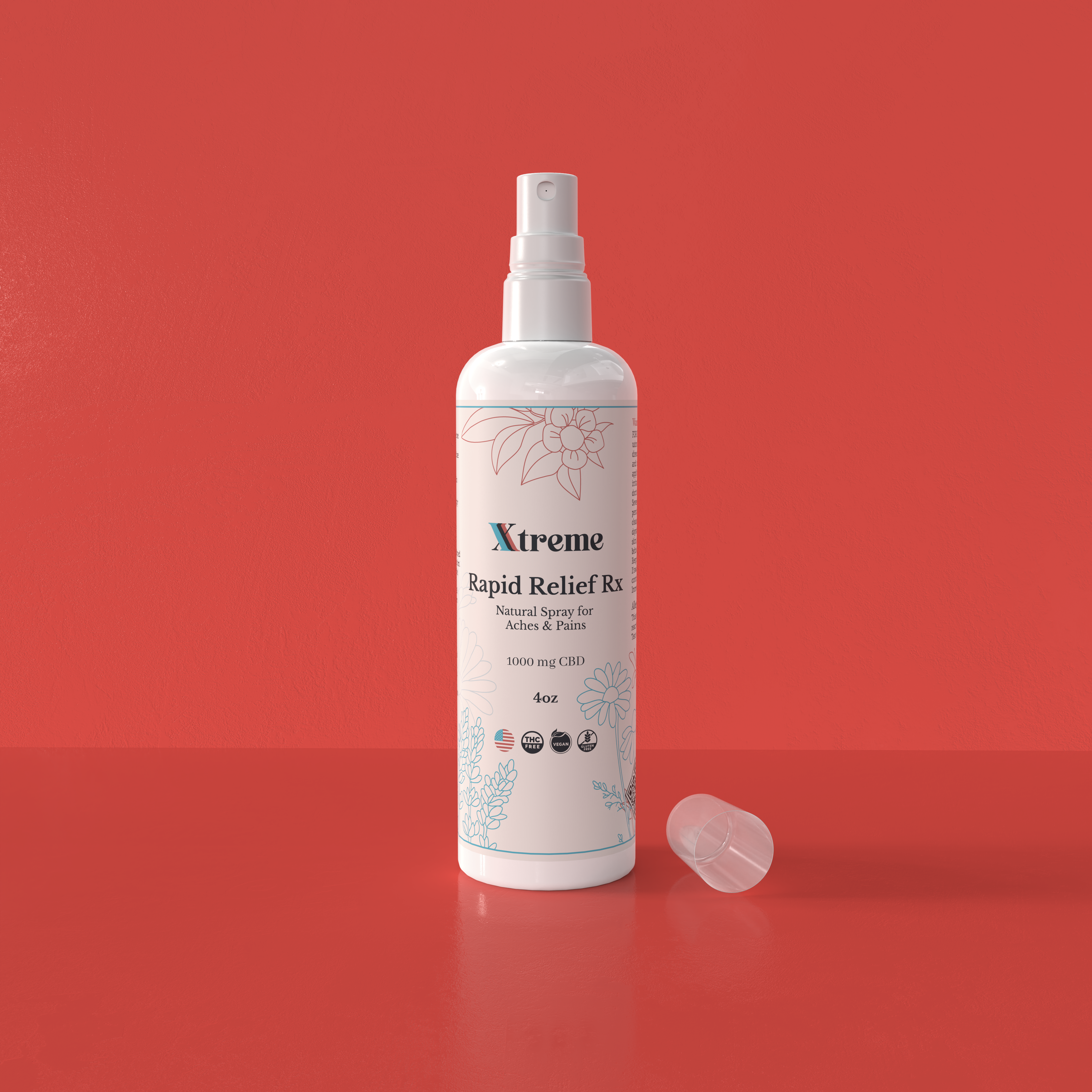Xtreme Brands RX Rapid Relief Spray with cap off – strongest doctor-trusted formula with full-spectrum hemp, Arnica, and Menthol for fast, hands-free pain relief.

