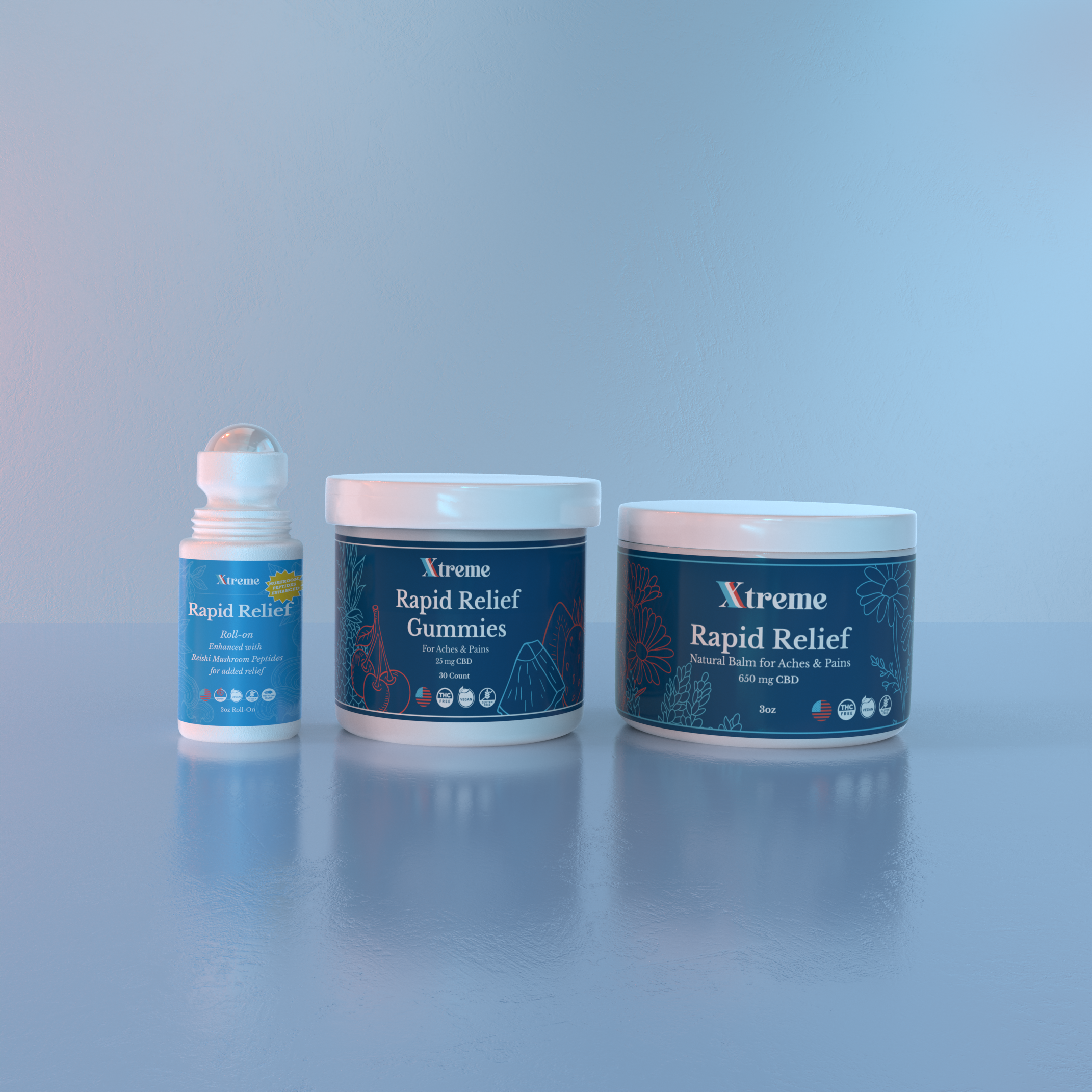 Xtreme Brands Recovery Bundle – RX Rapid Relief Balm, RX Rapid Relief Spray, and Functional Mushroom Roll-On for natural pain relief and recovery.
