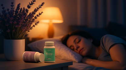 Xtreme Brands Sleep Softgels and Focus Softgels on a nightstand beside a sleeping person – USA-made supplements with full-spectrum hemp for restful sleep and daytime focus.
