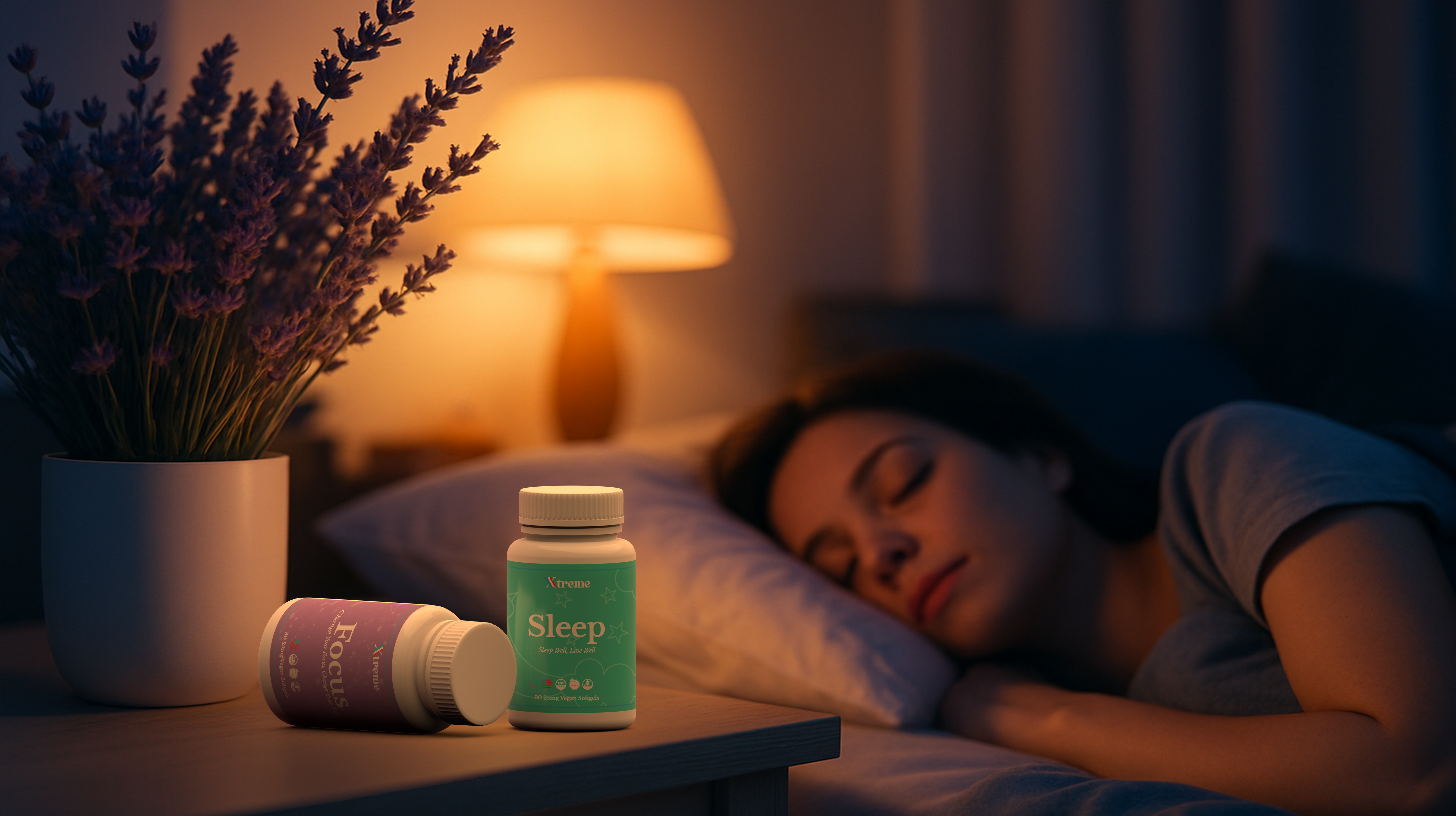 Xtreme Brands Sleep Softgels and Focus Softgels on a nightstand beside a sleeping person – USA-made supplements with full-spectrum hemp for restful sleep and daytime focus.

