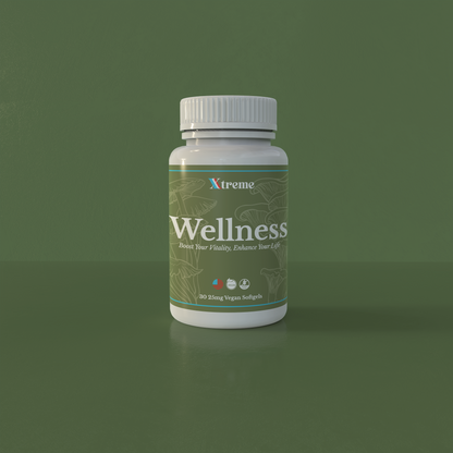 Xtreme Brands Wellness Capsules – USA-made supplement with Lion’s Mane, Reishi, Chaga, and Cordyceps mushrooms for immune health, focus, and daily vitality.

