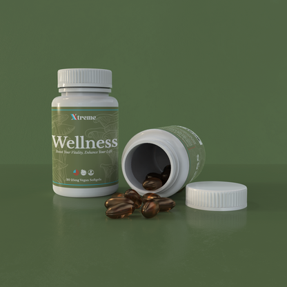 Xtreme Brands Wellness Capsules bottle spilled with capsules – USA-made functional mushroom supplement with Lion’s Mane, Reishi, Chaga, and Cordyceps for immunity, focus, and vitality.
