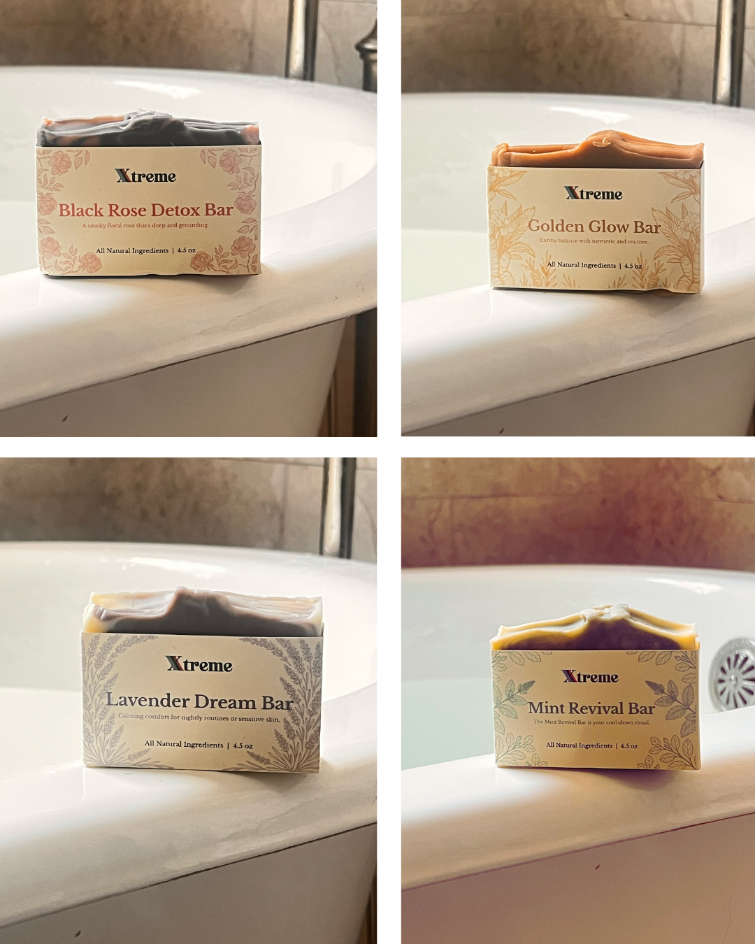 All four Xtreme Brands handmade soaps – Mint Revival, Black Rose Detox, Golden Glow, and Lavender Dream – natural artisan bars made with nourishing oils and botanicals, shown as part of our free gift promotion.

