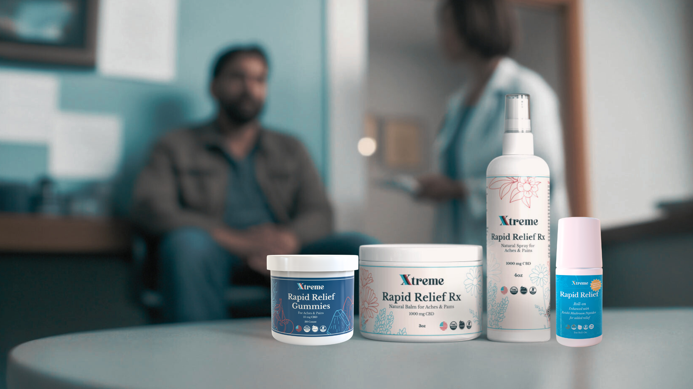 Xtreme Brands Rapid Relief Gummies, Rapid Relief Roll-On, RX Rapid Relief Spray, and RX Rapid Relief Balm with a doctor in the background – doctor-trusted hemp-derived CBD formulas for targeted pain relief, recovery, and whole-body comfort.
