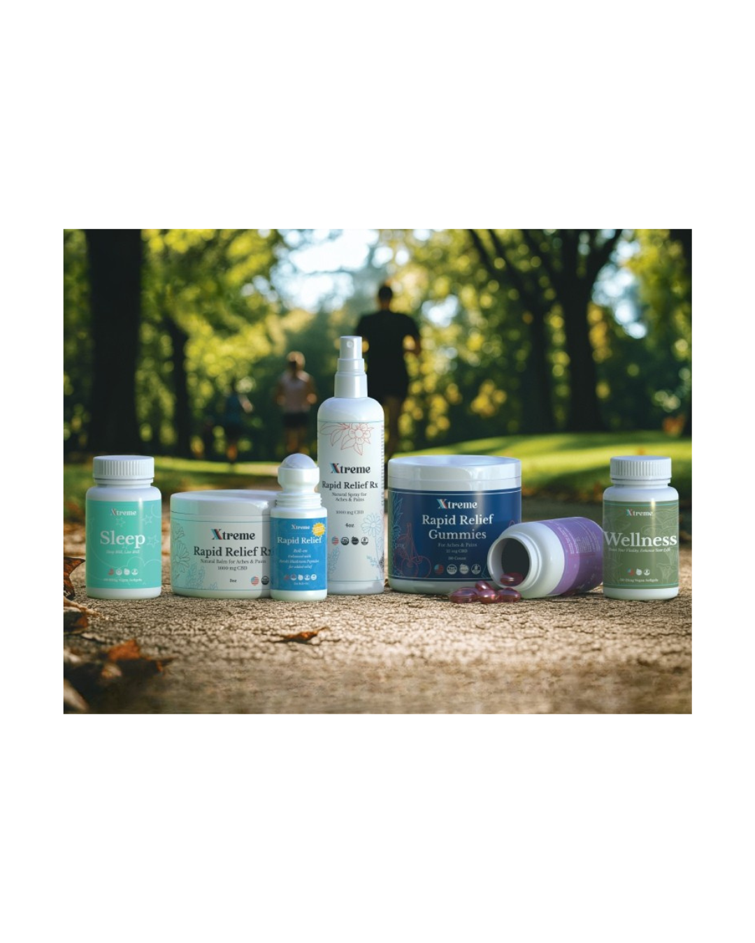 Xtreme Brands full product family displayed with people running outdoors in the background – USA-made wellness and pain relief solutions including hemp-derived CBD topicals, gummies, capsules, mushroom formulas, pet products, and handmade soaps.
