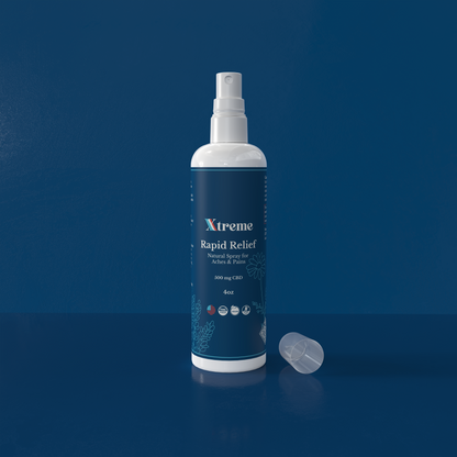 Xtreme Rapid Relief Natural Spray bottle with cap removed, showing spray nozzle for convenient, no-mess application to muscles and joints.