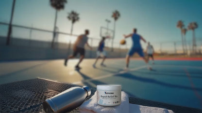 Xtreme Brands RX Rapid Relief Balm in focus with people playing basketball in the background – strongest doctor-trusted formula with full-spectrum hemp, Arnica, and Menthol for targeted pain relief.
